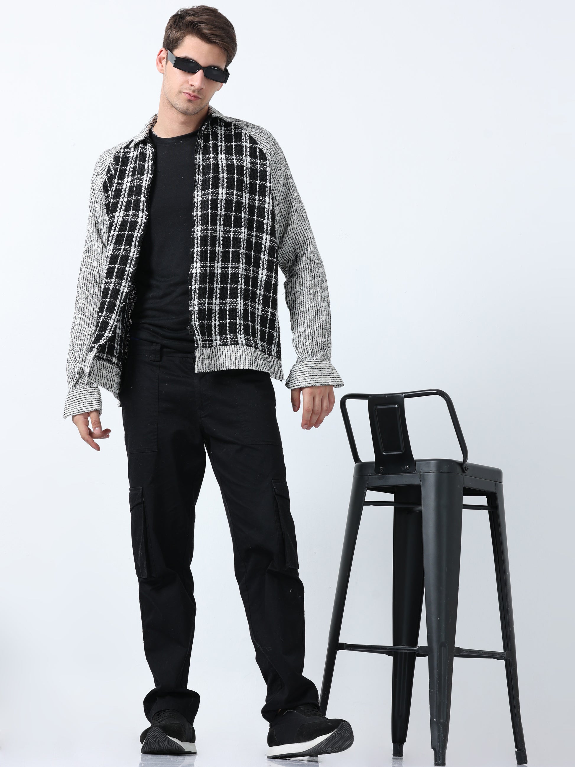 Imported Fabric Black Raglan Zipper Full Sleeve Checked Shirt