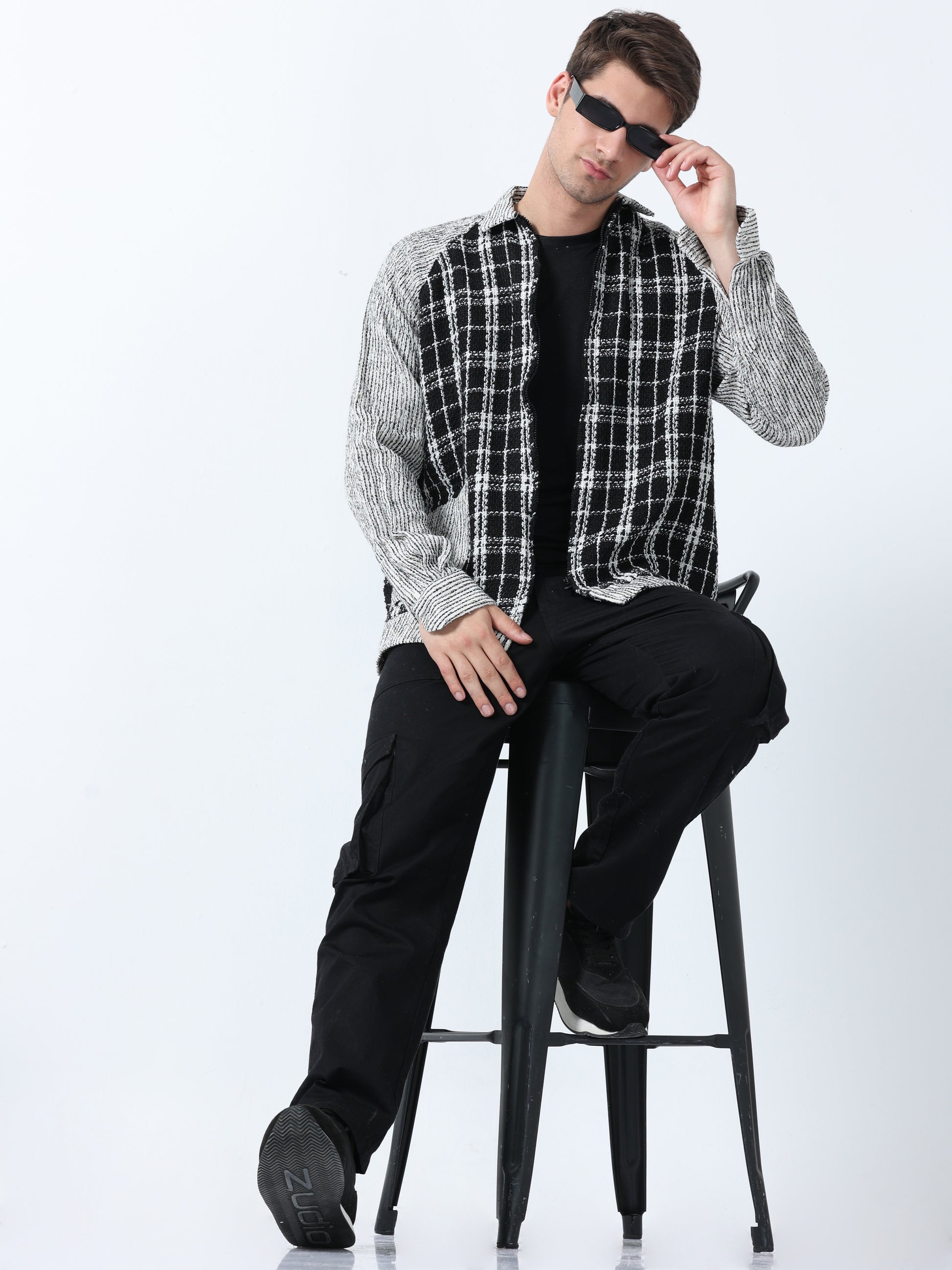 Imported Fabric Black Raglan Zipper Full Sleeve Checked Shirt