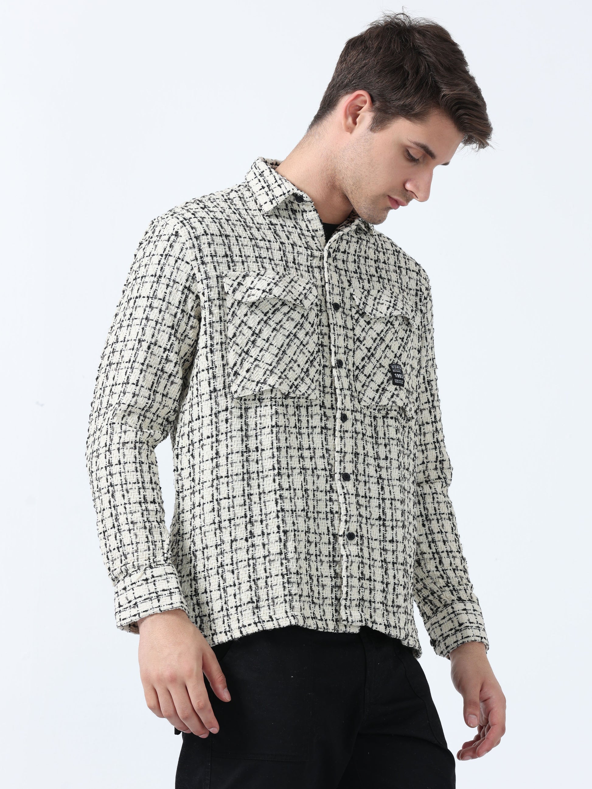 Cream Imported Fabric Double Pocket Men's Checked Shirt