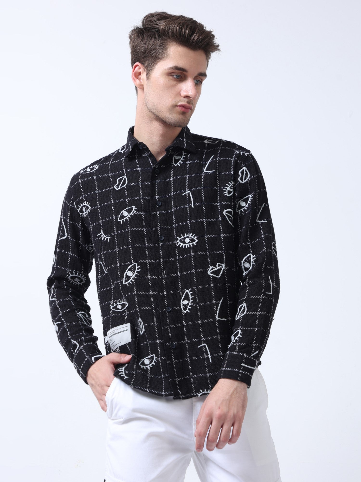 black cotton embroidered loose fit printed men shirt