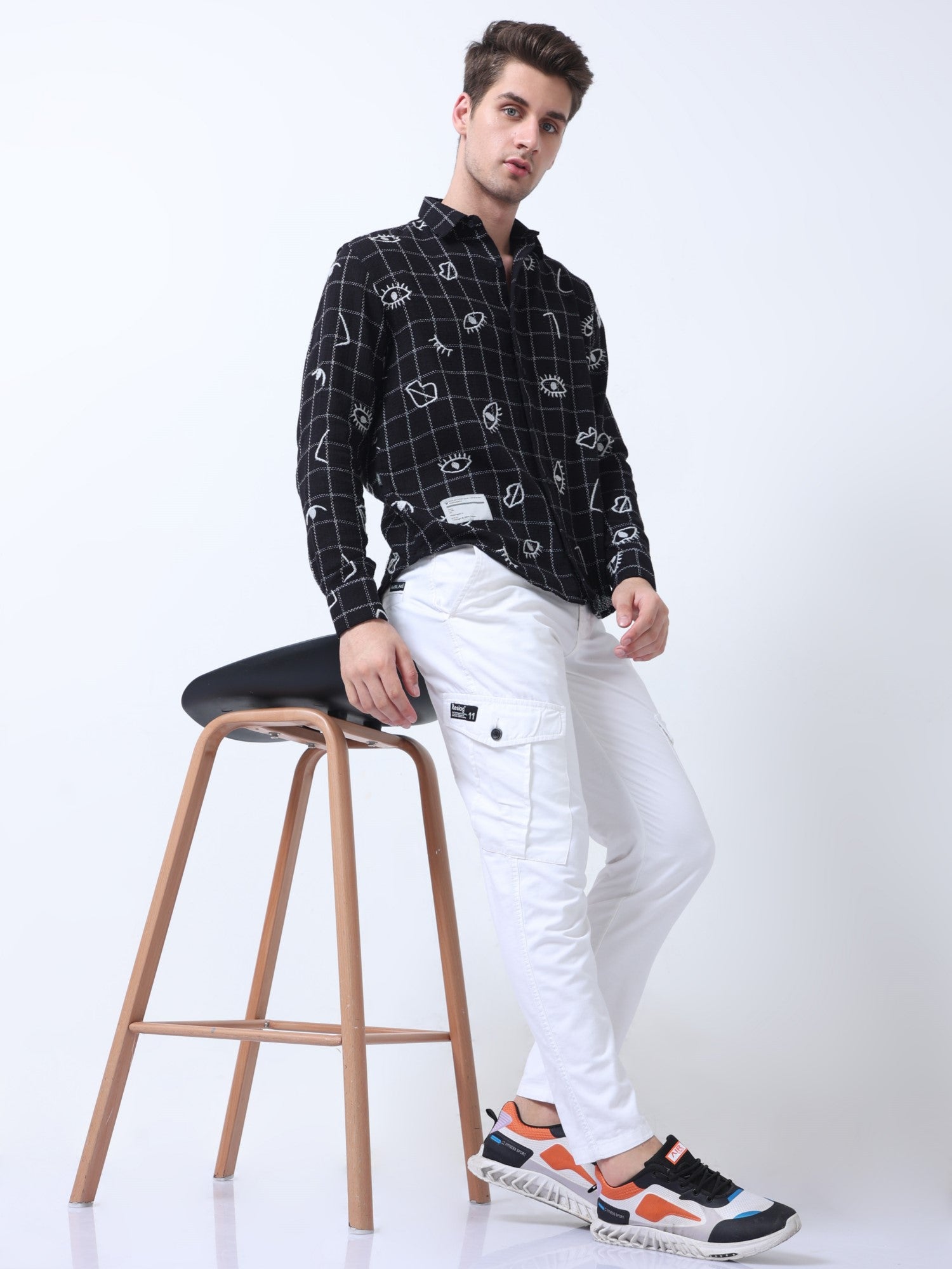black cotton embroidered loose fit printed men shirt