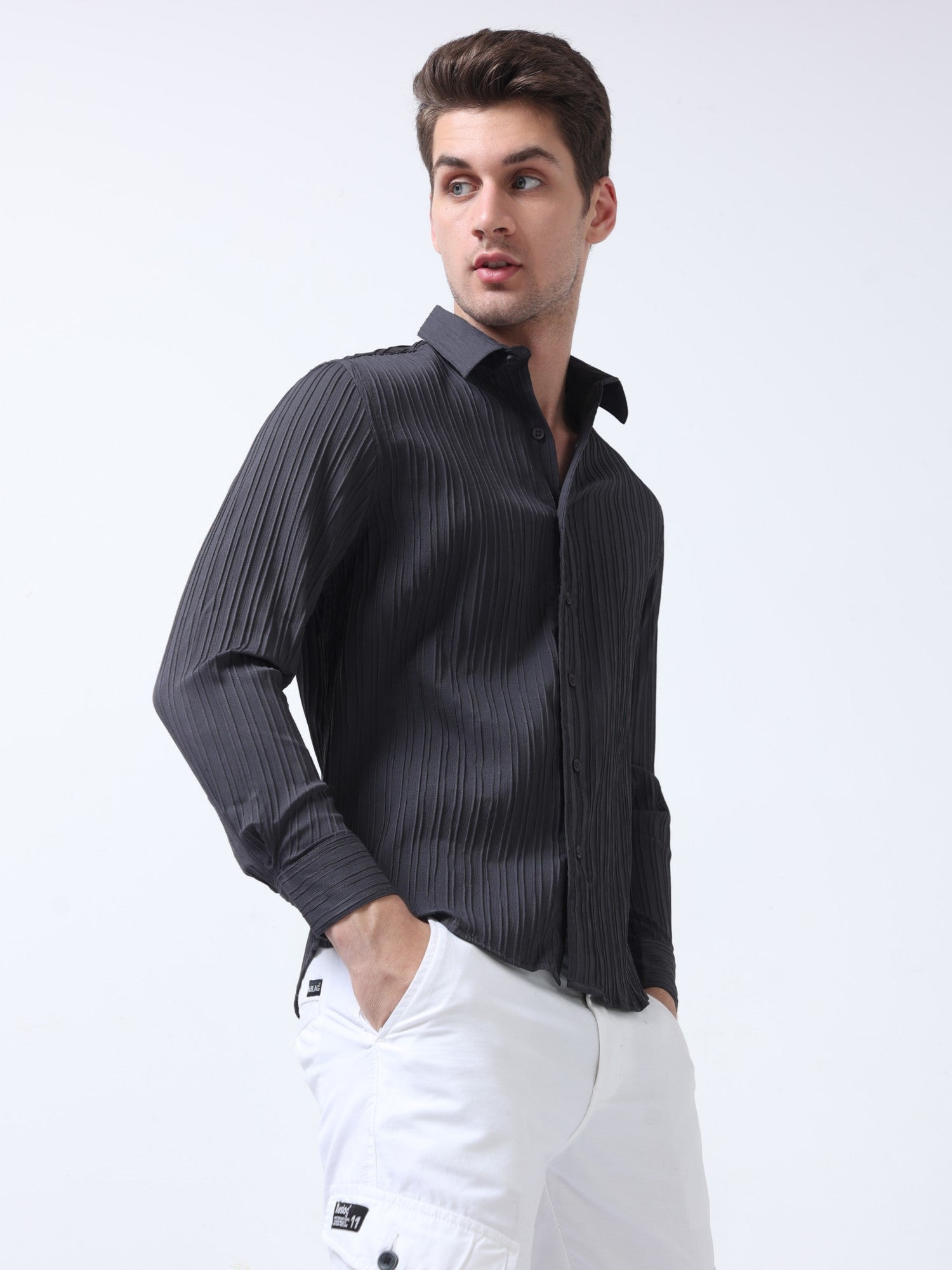 dark grey full sleeve plain loose fit men shirt