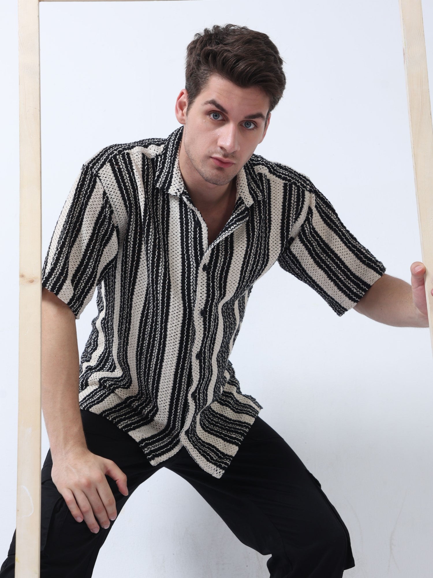 Buy black casual half sleeve loose fit striped shirt