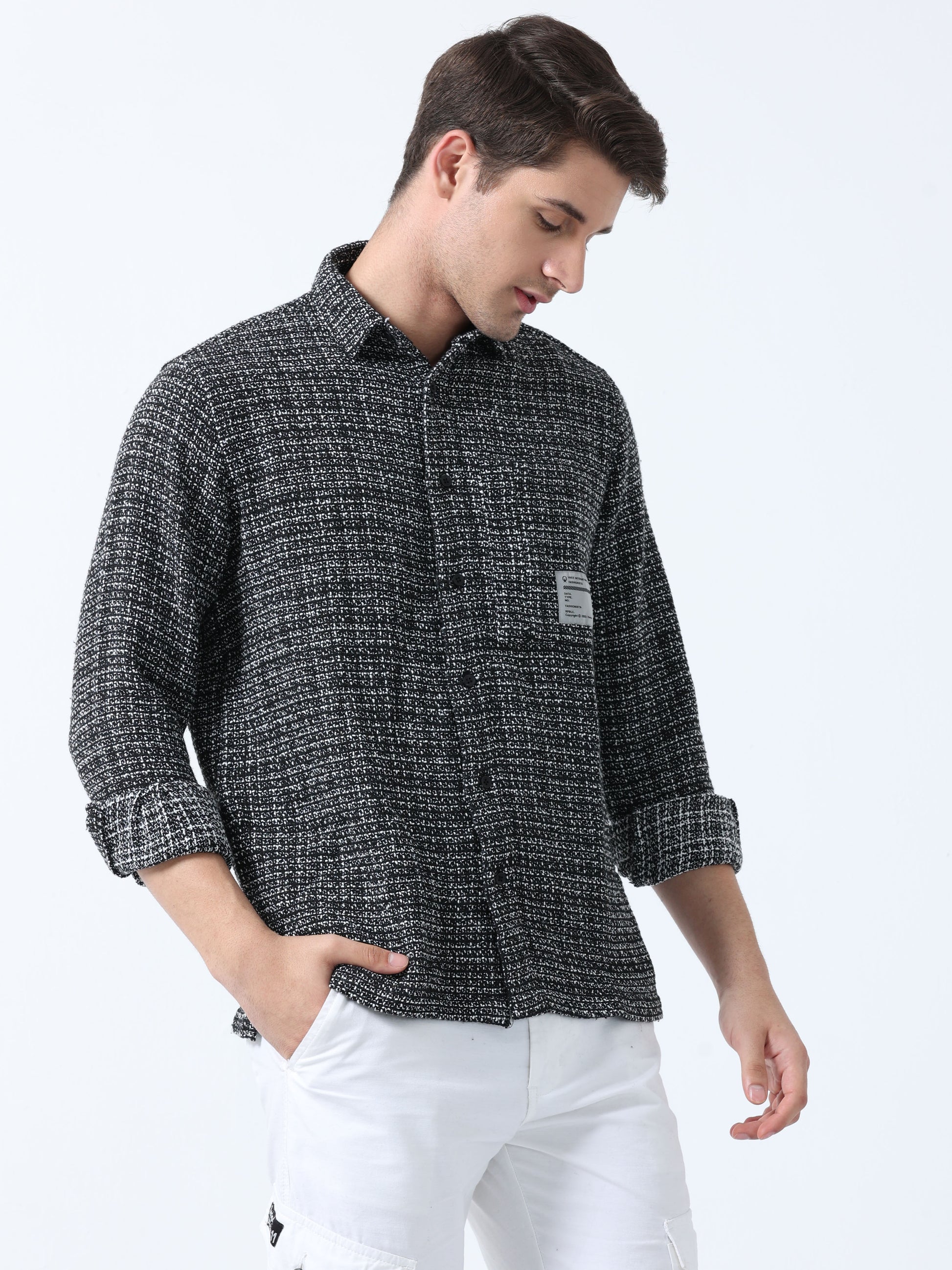  Imported Fabric Black Micro Plaid Full Sleeve Checked Shirt