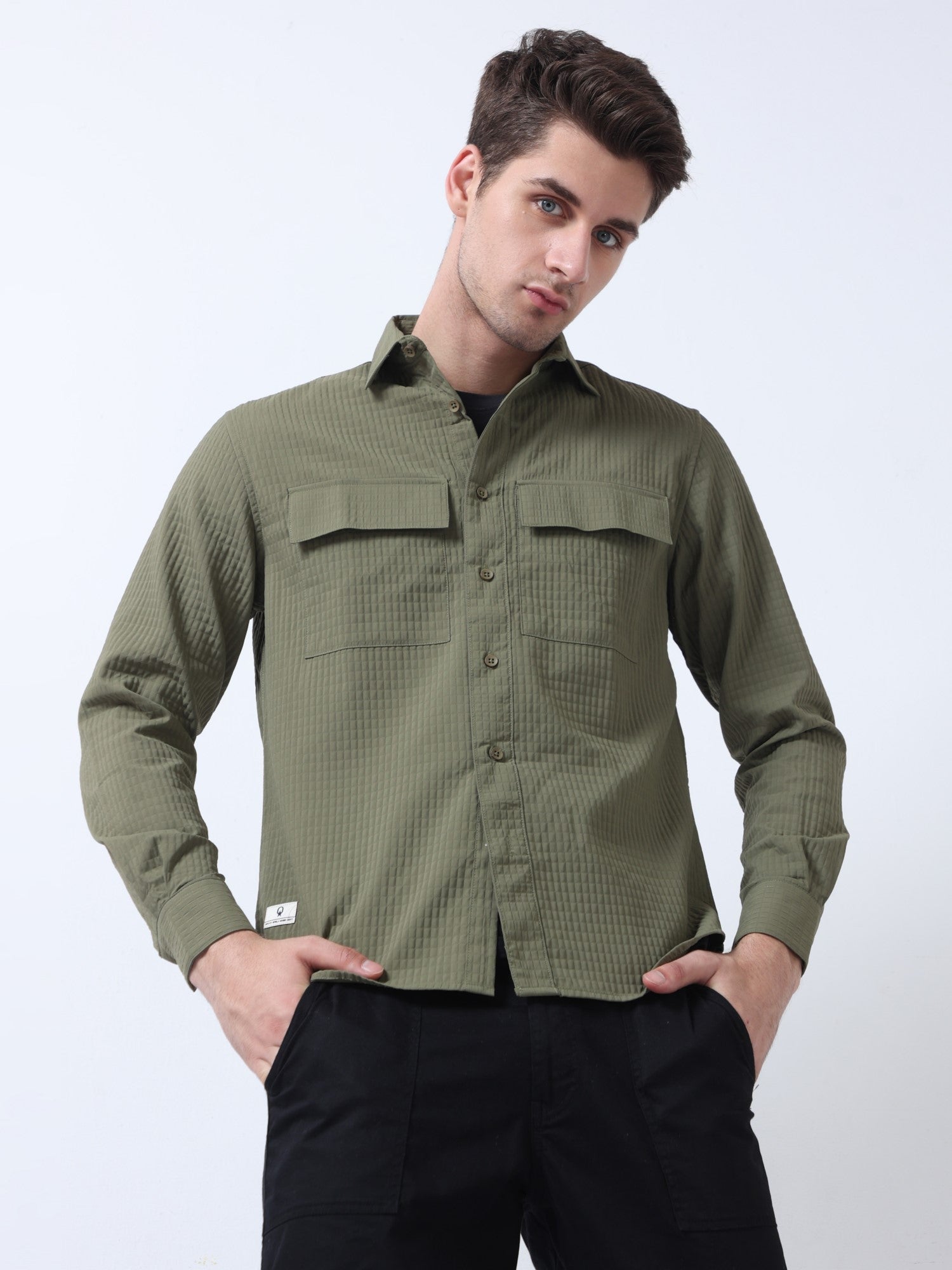  Military Green loose fit men plain shirt