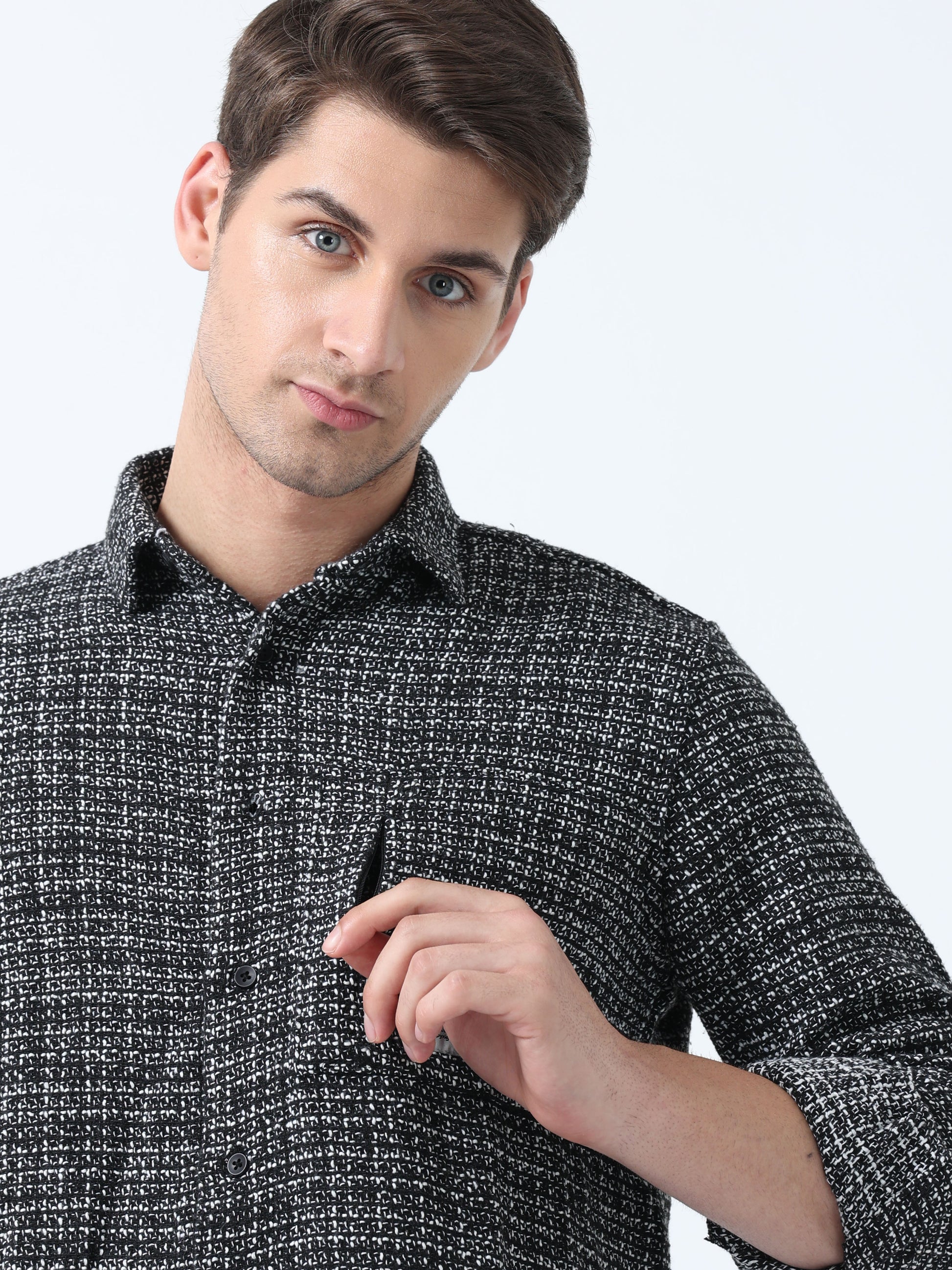  Imported Fabric Black Micro Plaid Full Sleeve Checked Shirt