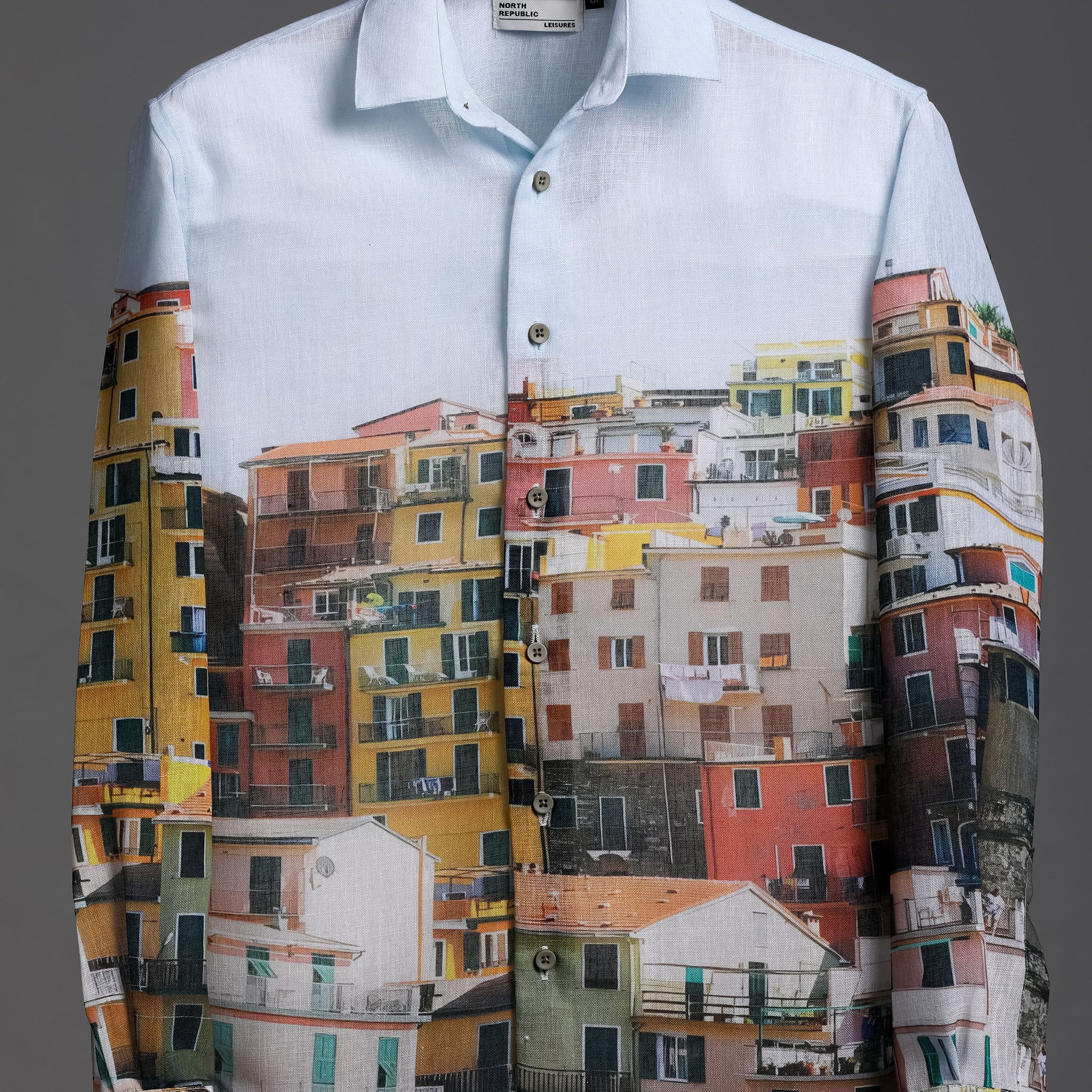 Men's Linen Feel Full Sleeve Shirt Featuring Digital House Print | Sky Blue