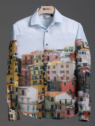 Men's Linen Feel Full Sleeve Shirt Featuring Digital House Print | Sky Blue