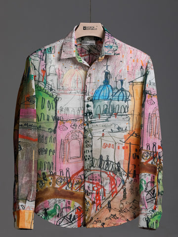 Men's Linen Feel Full Sleeve Shirt Featuring Half Weighton Paint Print | Pink
