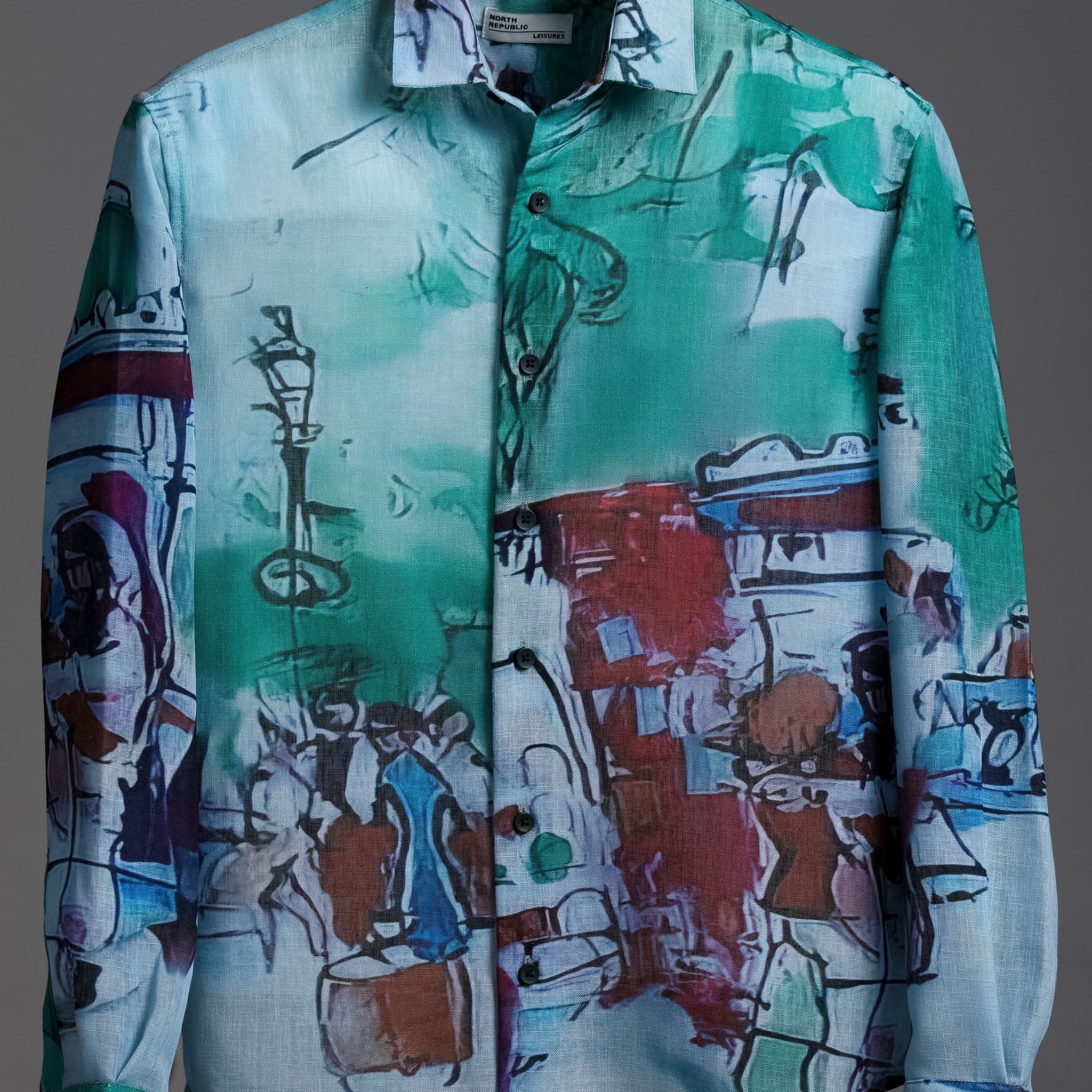 Trendy Sea Green Men's Abstract Paint Pattern Printed Shirt