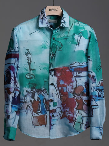 Trendy Sea Green Men's Abstract Paint Pattern Printed Shirt