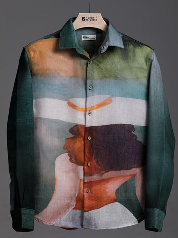Men's Linen Feel Full Sleeve Shirt Featuring Moody Pattern Print | Bottle Green
