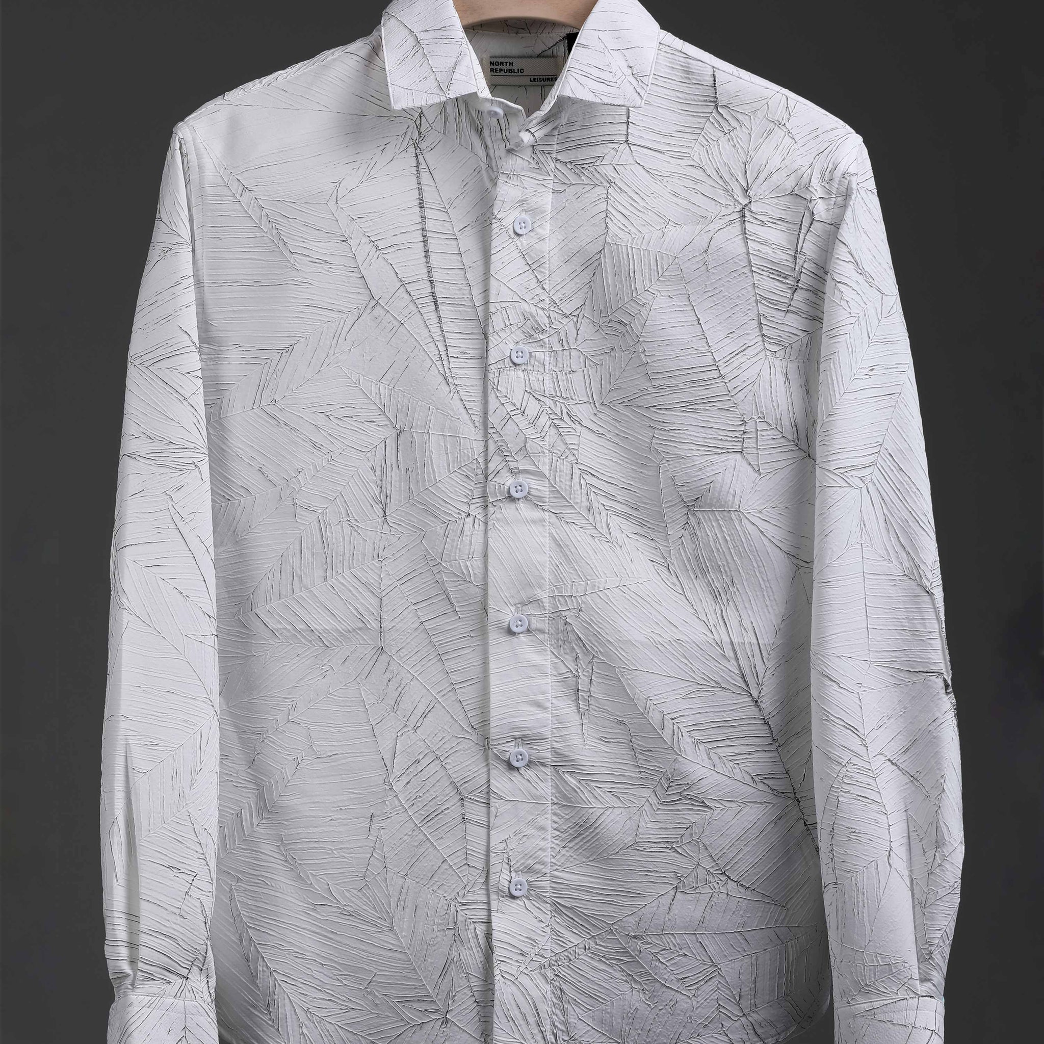 Soft Finish Leaf Pattern Foiling print Shirt | White