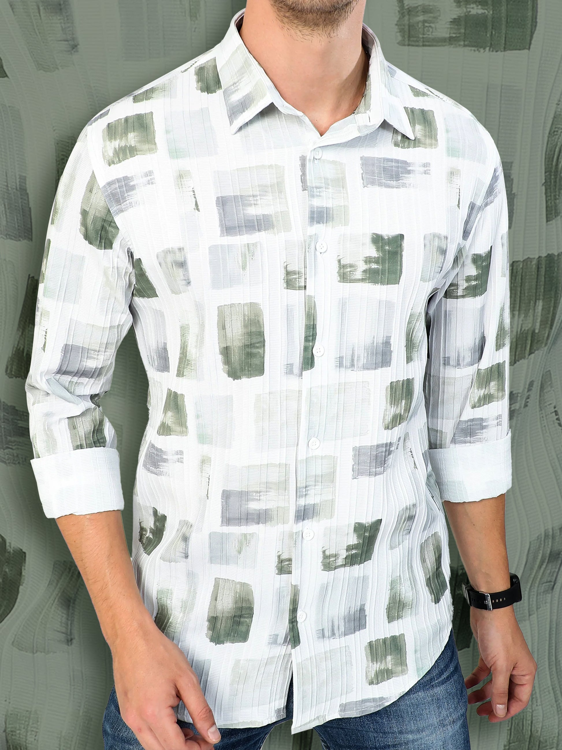 olive brush strokes men's abstract printed shirt