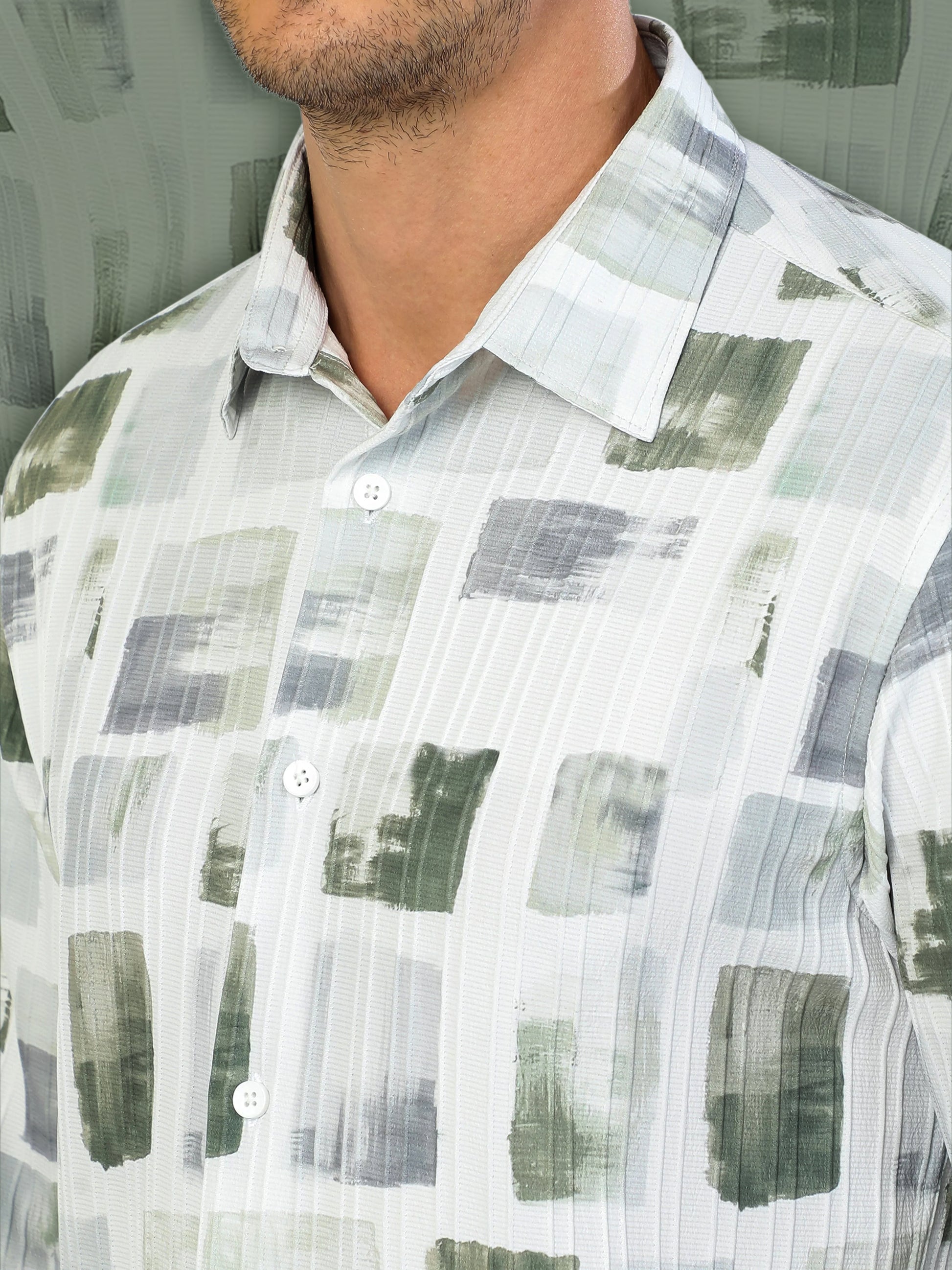 olive brush strokes men's abstract printed shirt