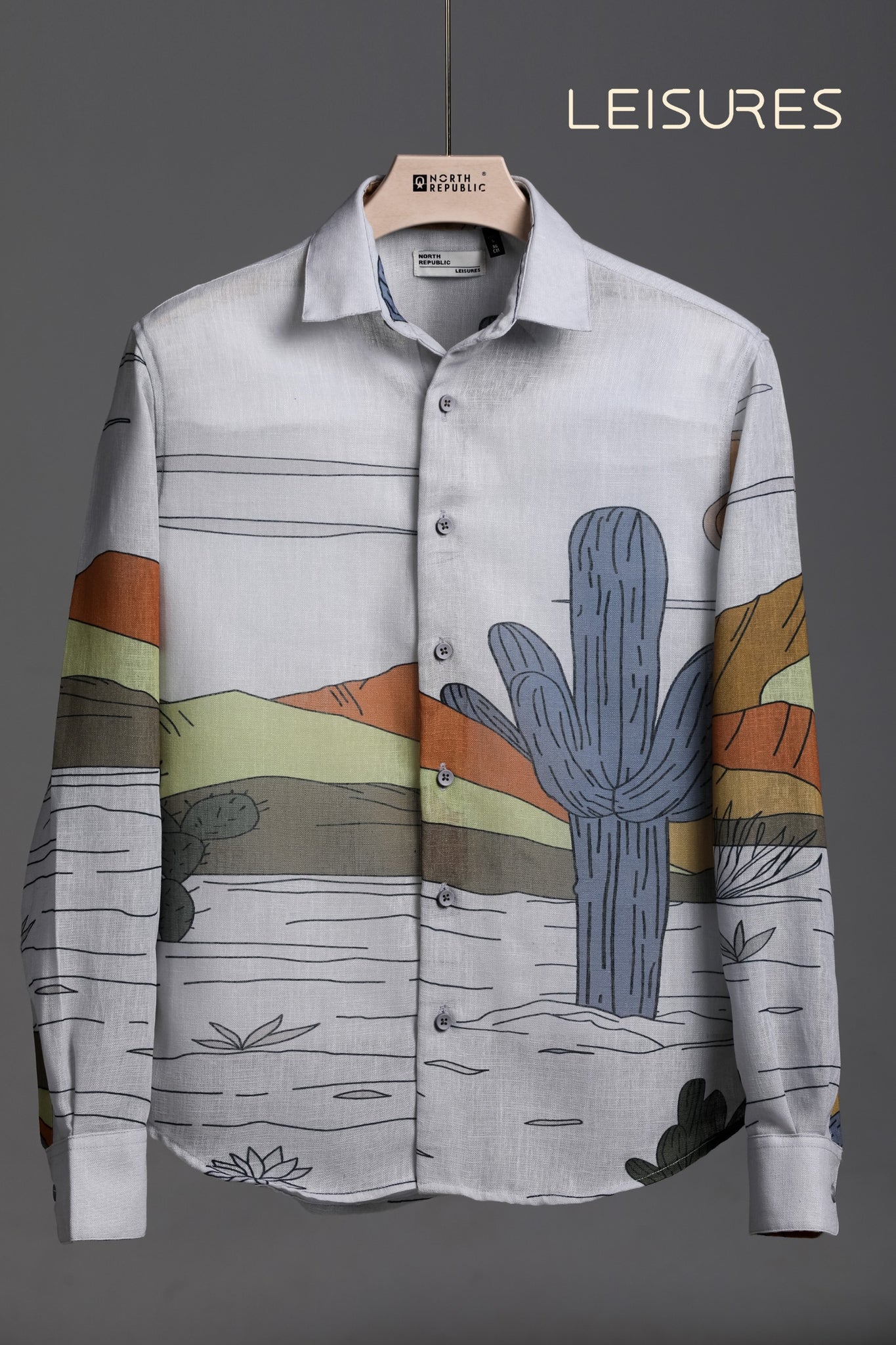 Trendy Grey Mountain Pattern Print Men's Cactus Printed Shirt