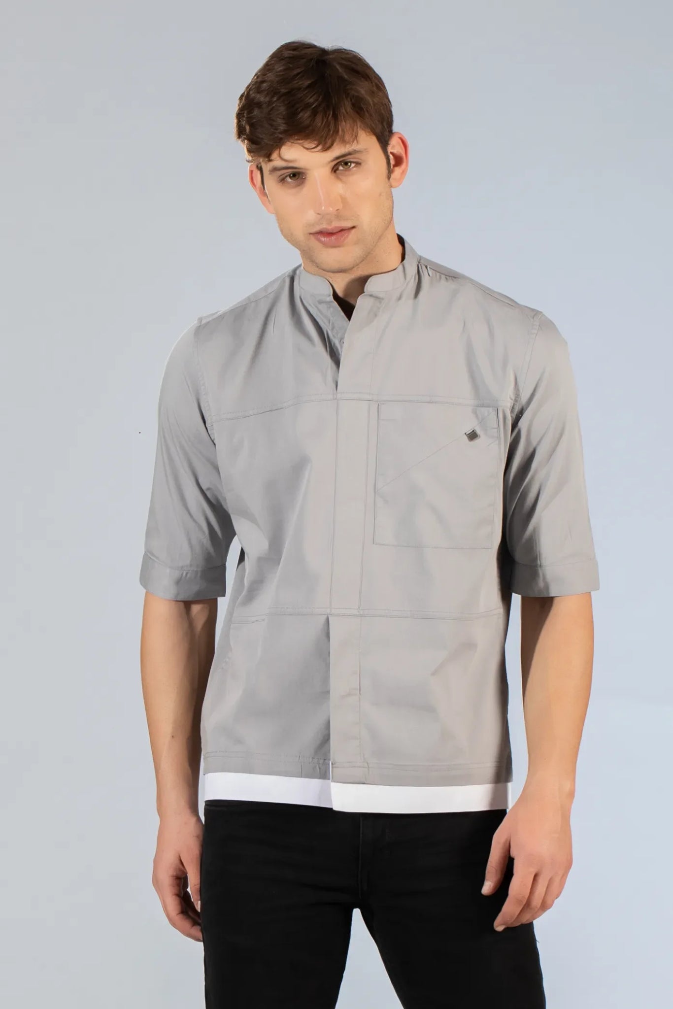 Ash Men's Chinese Collar Five Sleeve Plain Shirt