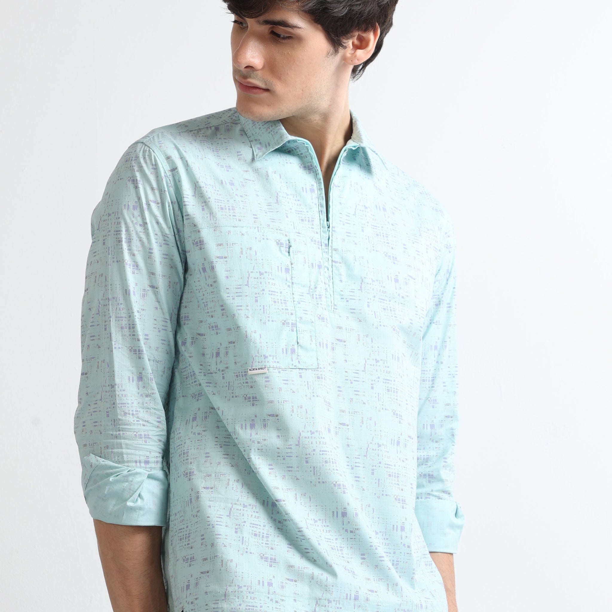 sea blue drawcod abstract digital printed shirt