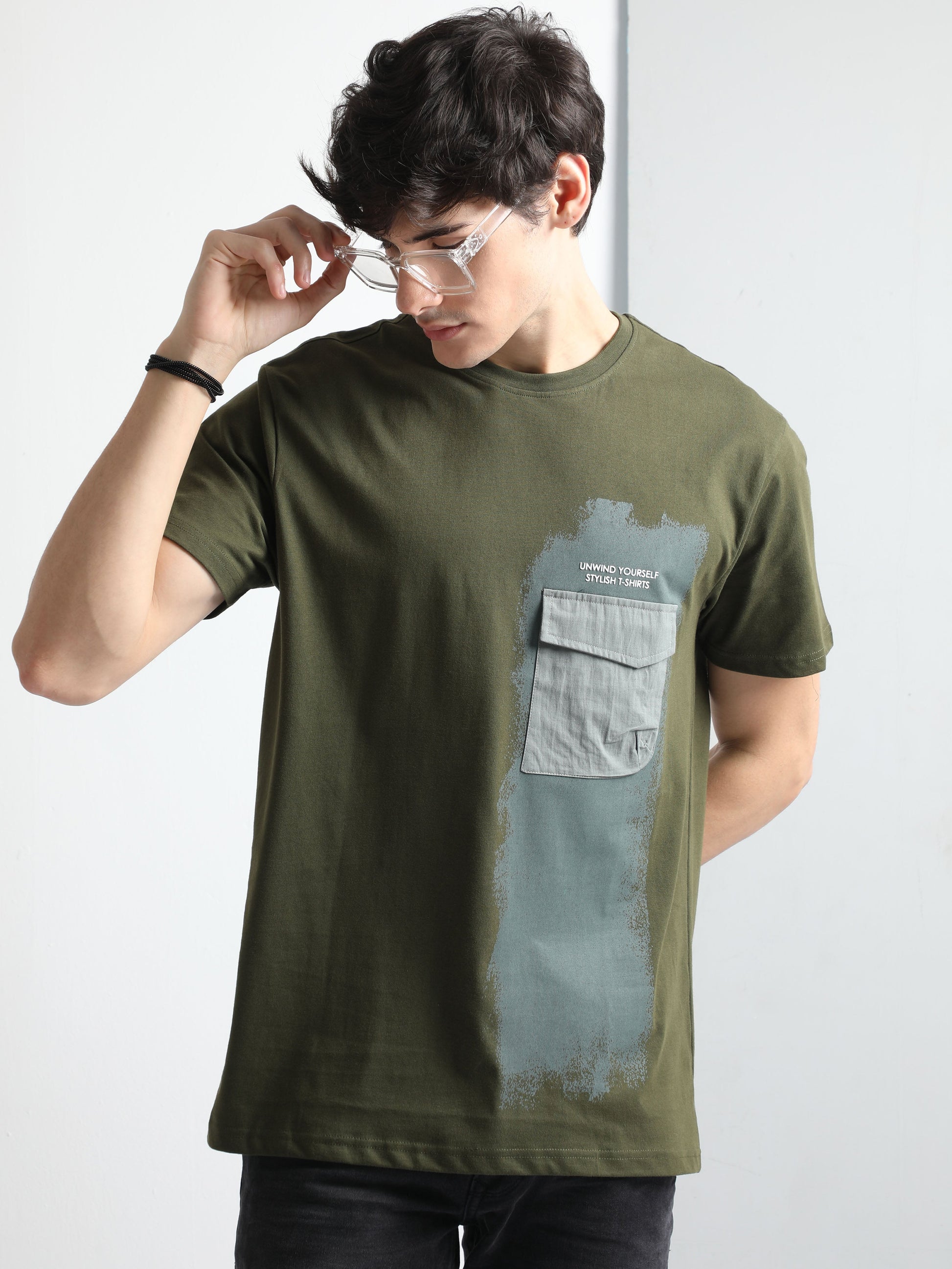 Olive Crew Neck Abstract Printed T Shirt with Utility Pocket