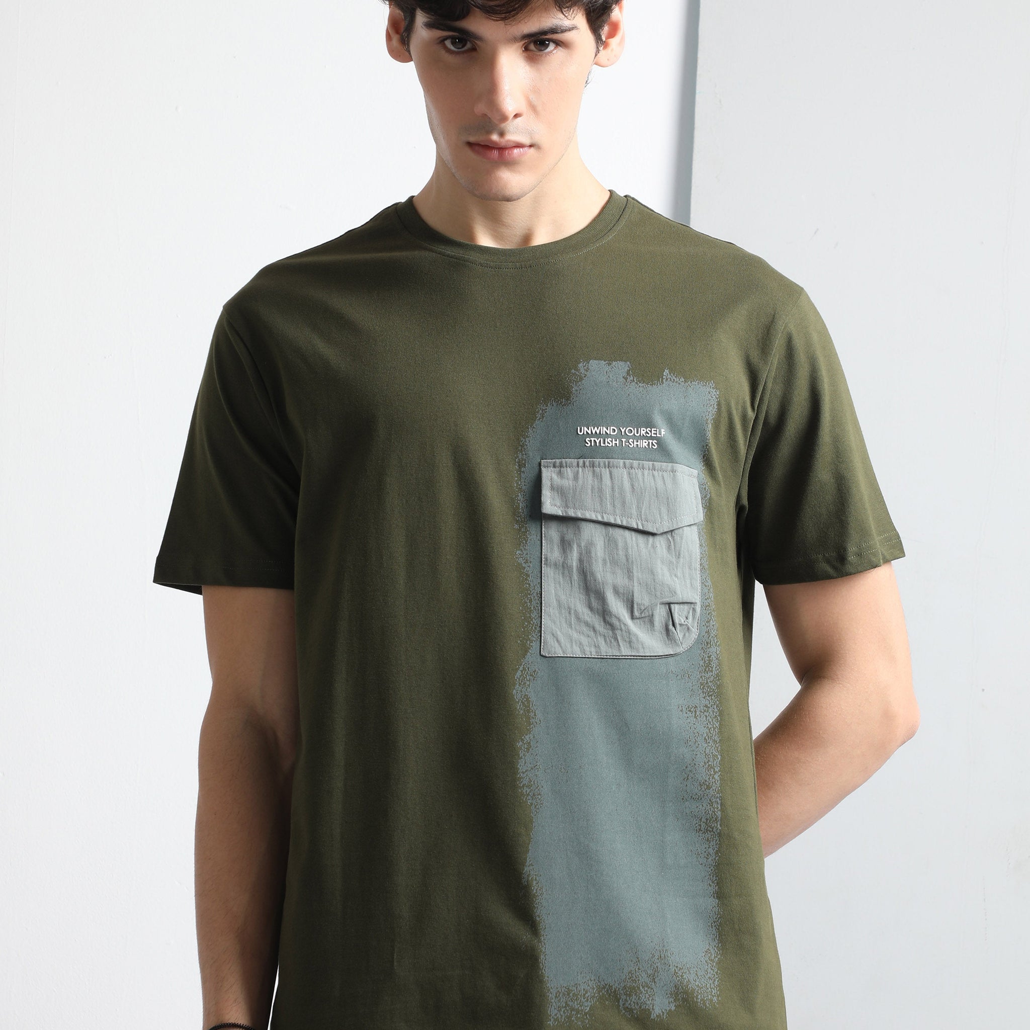 Olive Crew Neck Abstract Printed T Shirt with Utility Pocket