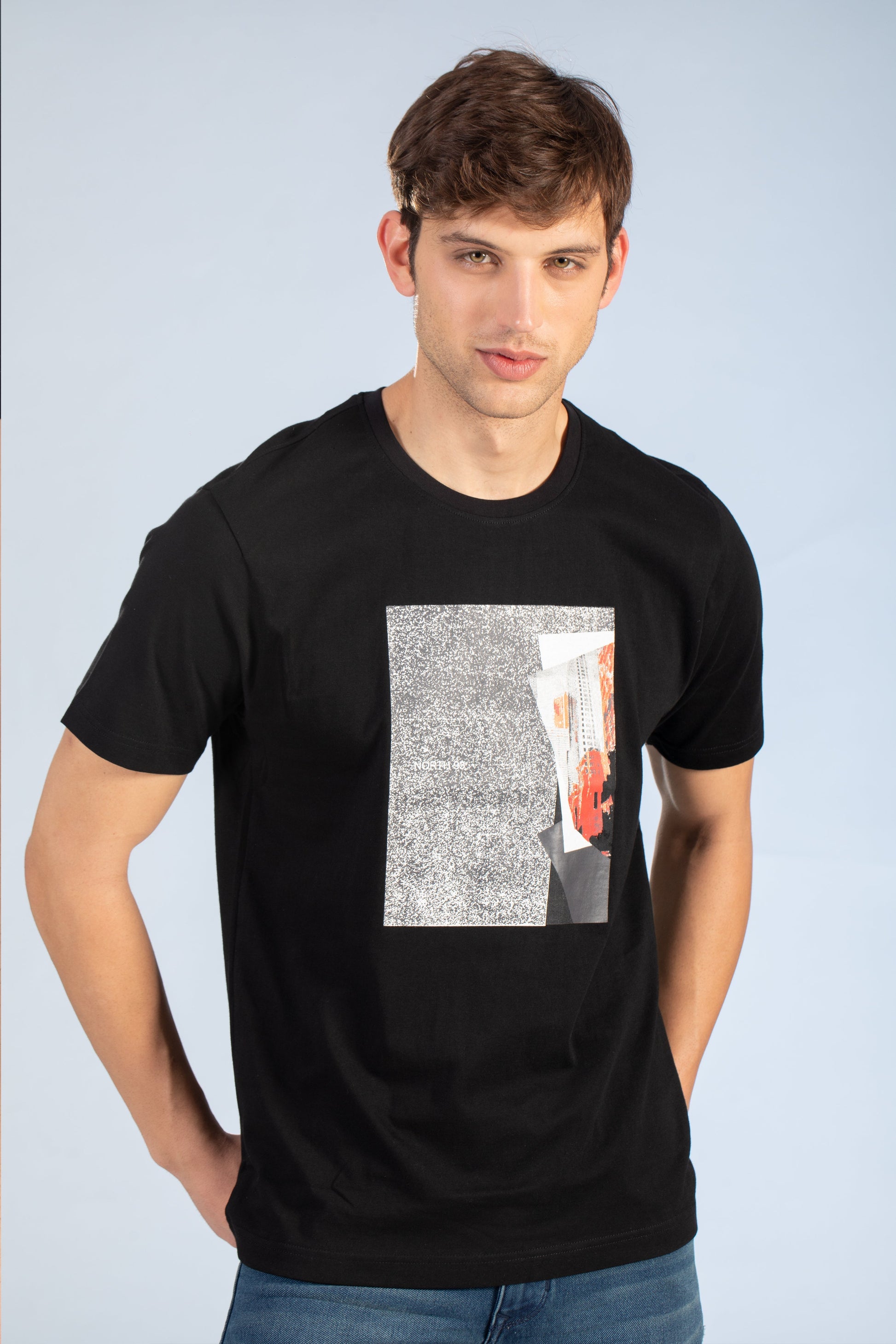 Black Round Neck Abstract Printed T Shirt