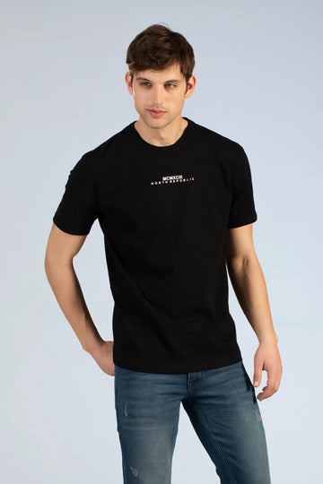 Black Round Neck Printed T Shirt-North Republic