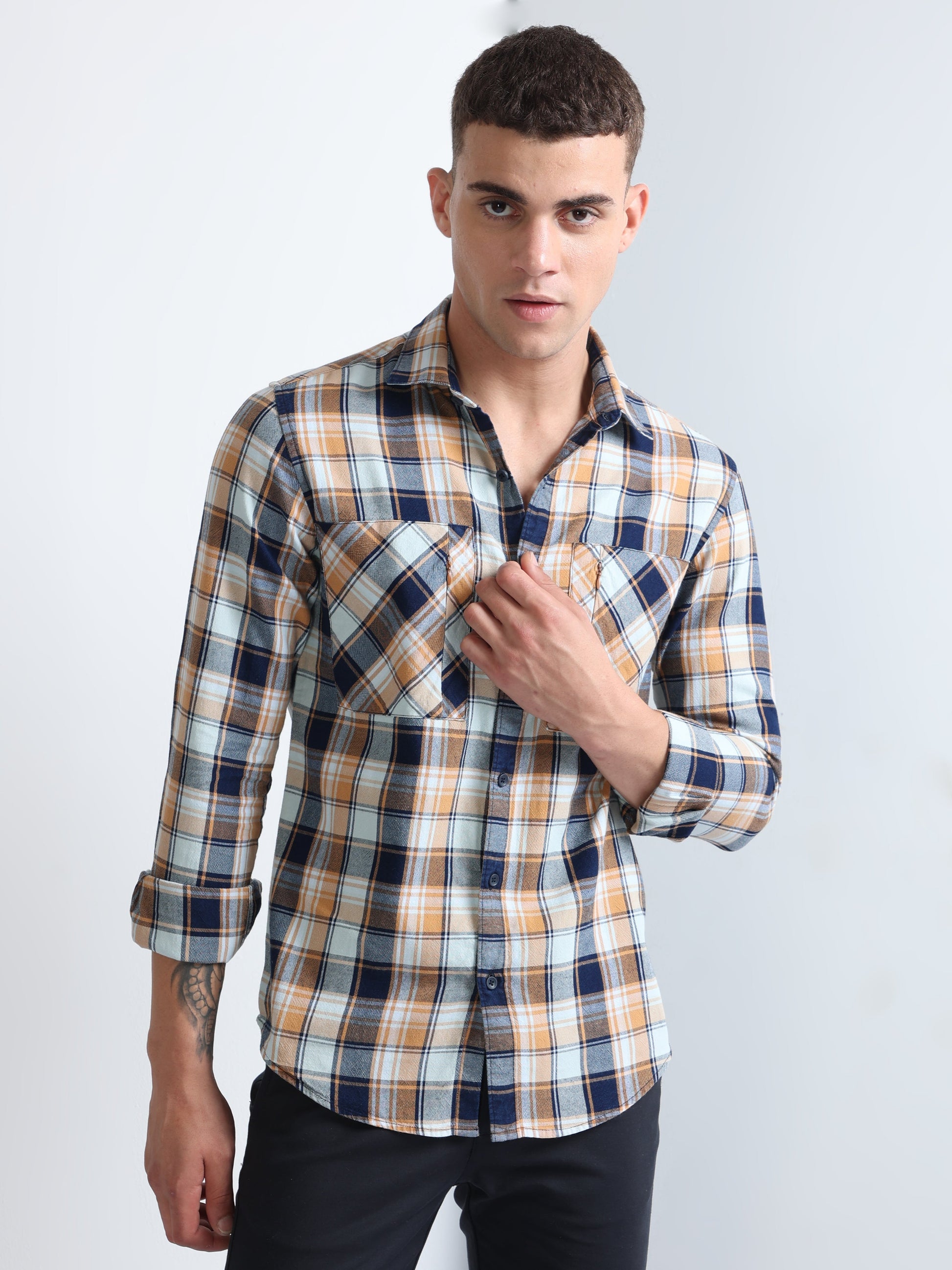 khaki double pocket indigo checked men's shirt