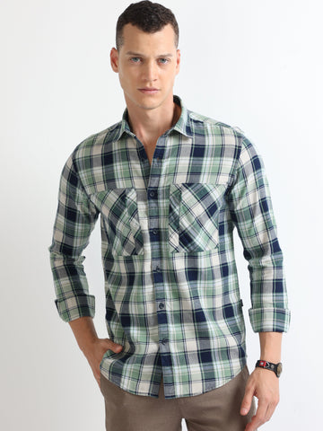 green double pocket indigo men's checked shirt