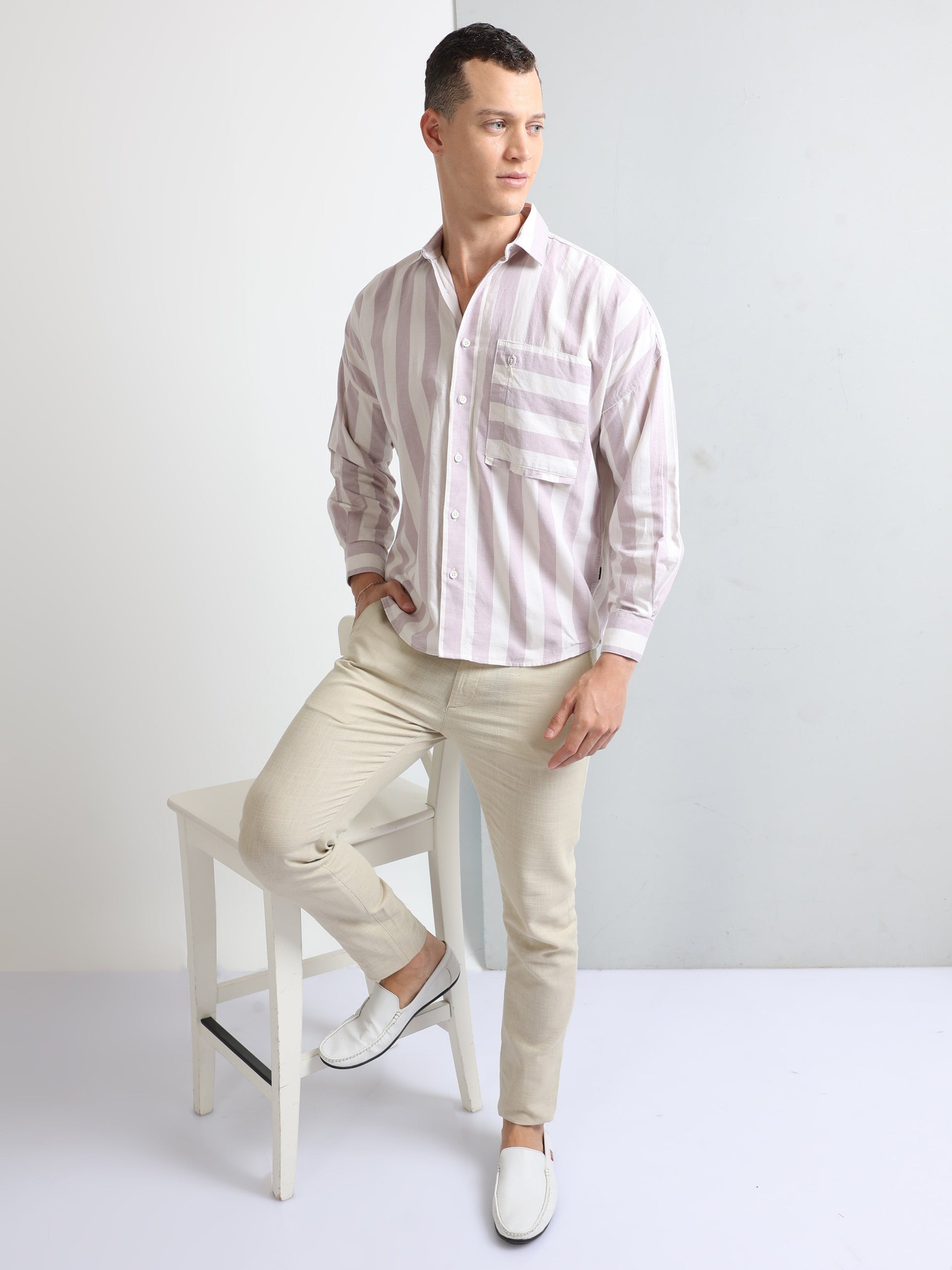 peach cotton stylish pocket men's striped shirt-North republic