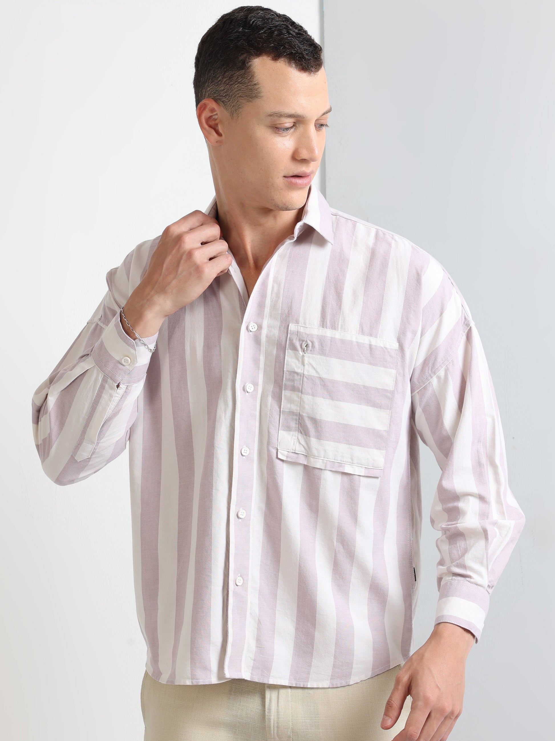 peach cotton stylish pocket men's striped shirt-North republic