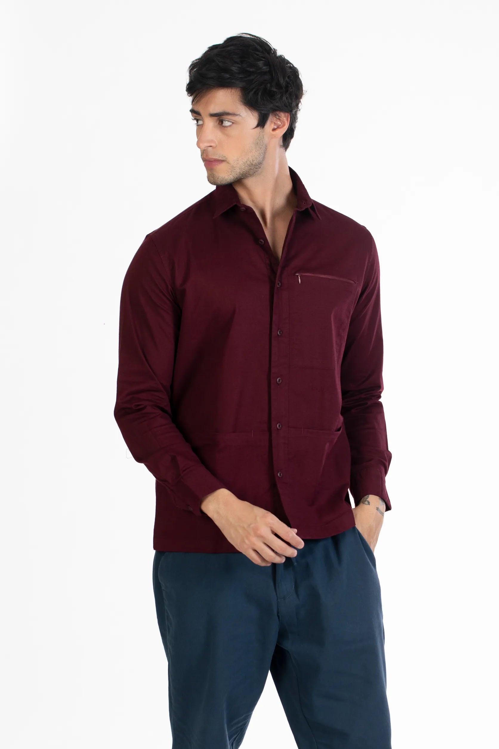 maroon bottom pocket dobby plain shirt