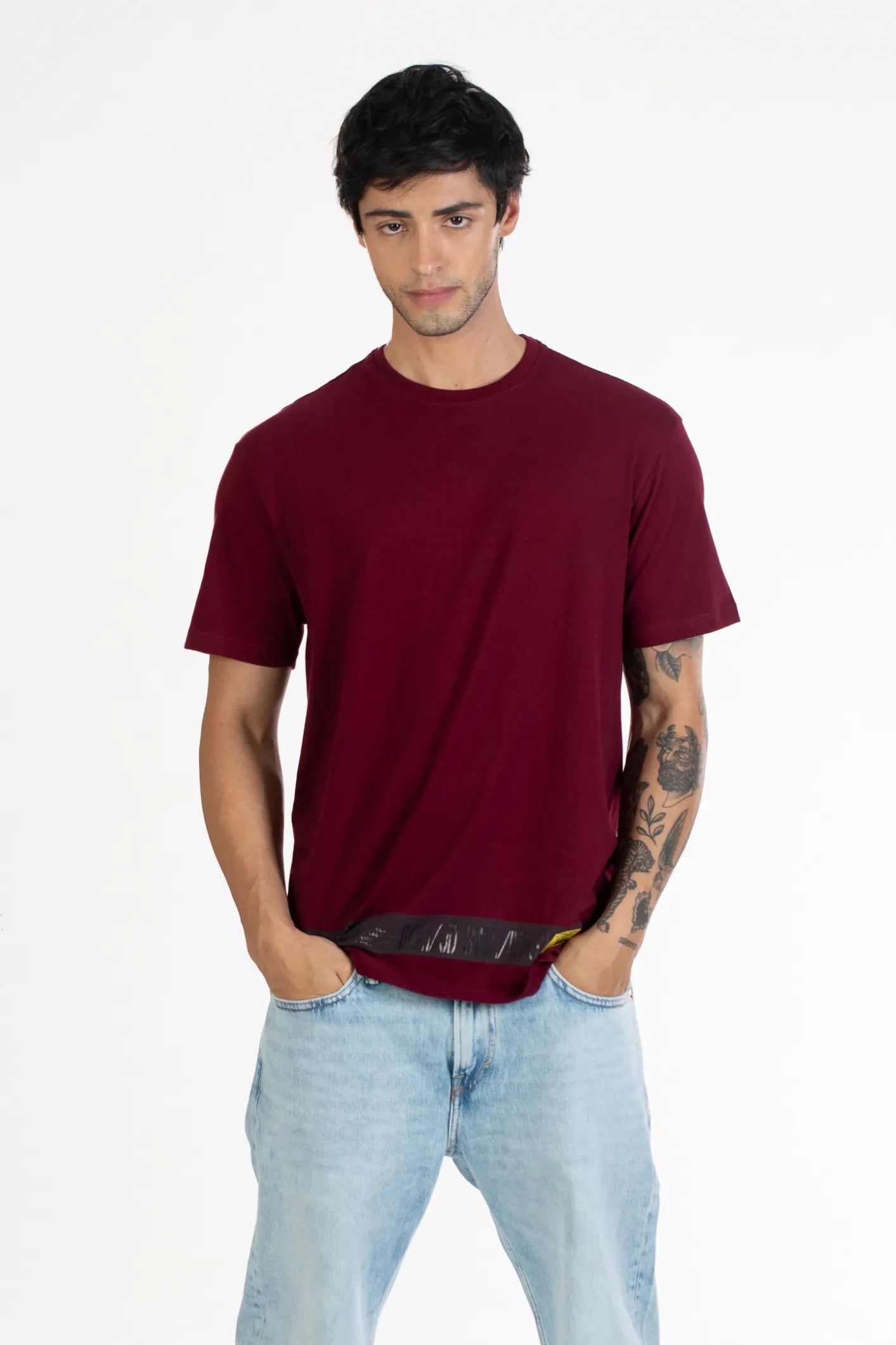 Shop BURGUNDY Bottom Print Round Neck T-Shirt Online