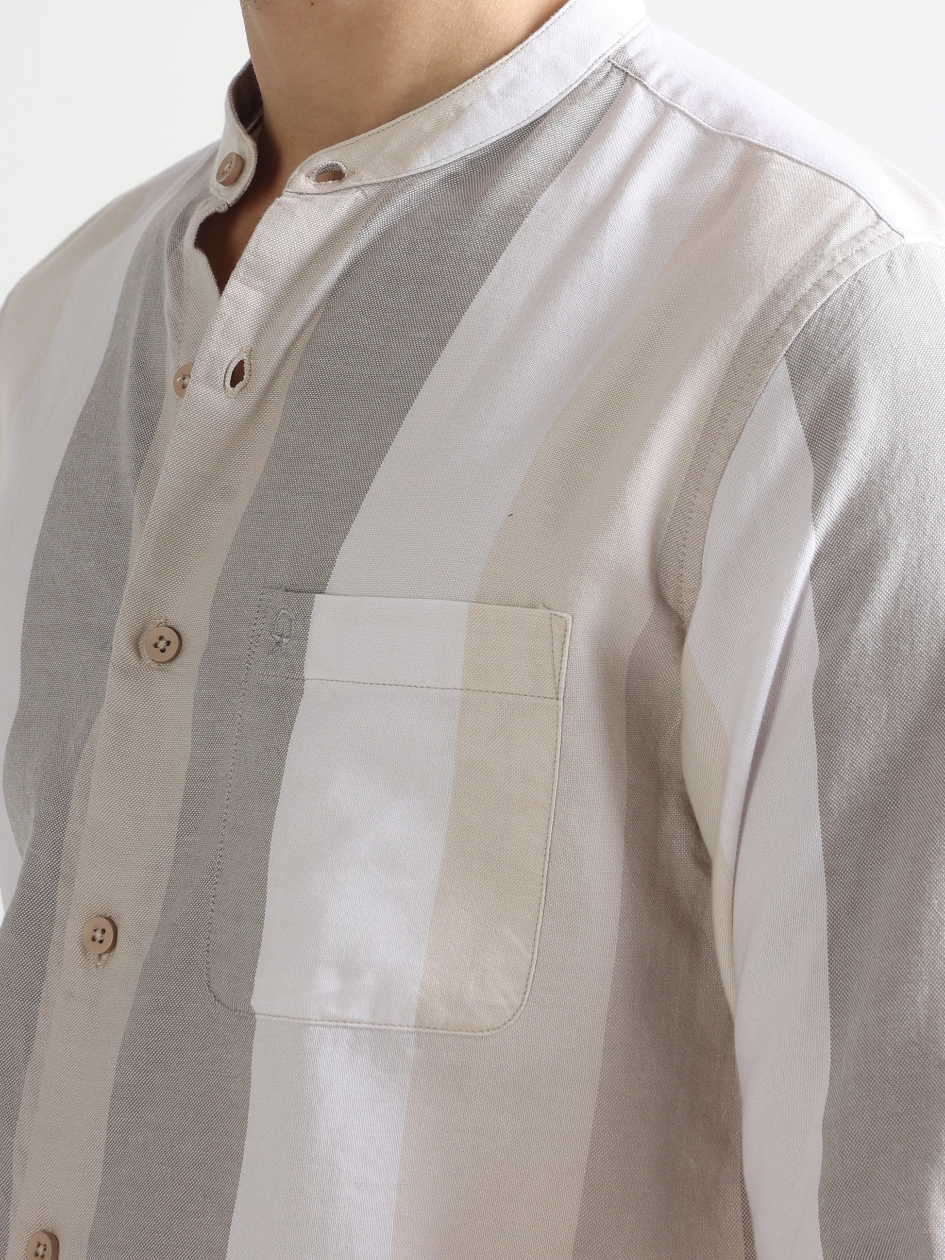 beige single pocket broad striped men's shirt-North Republic