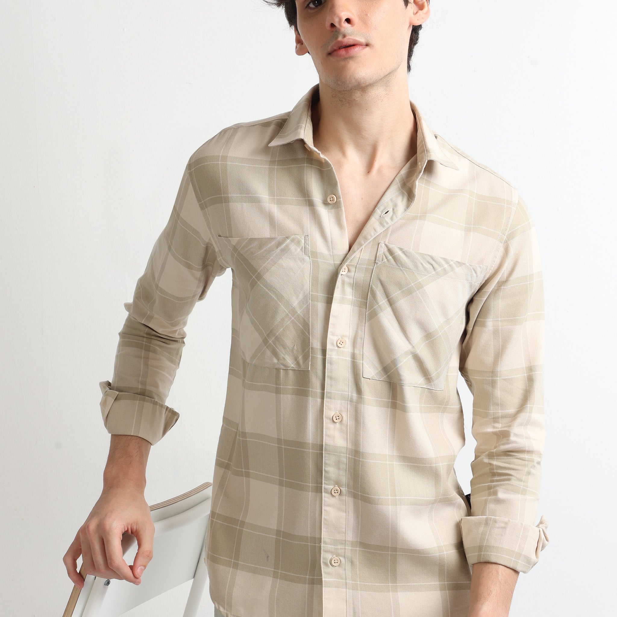 brushed twill beige bias double pocket checked shirt