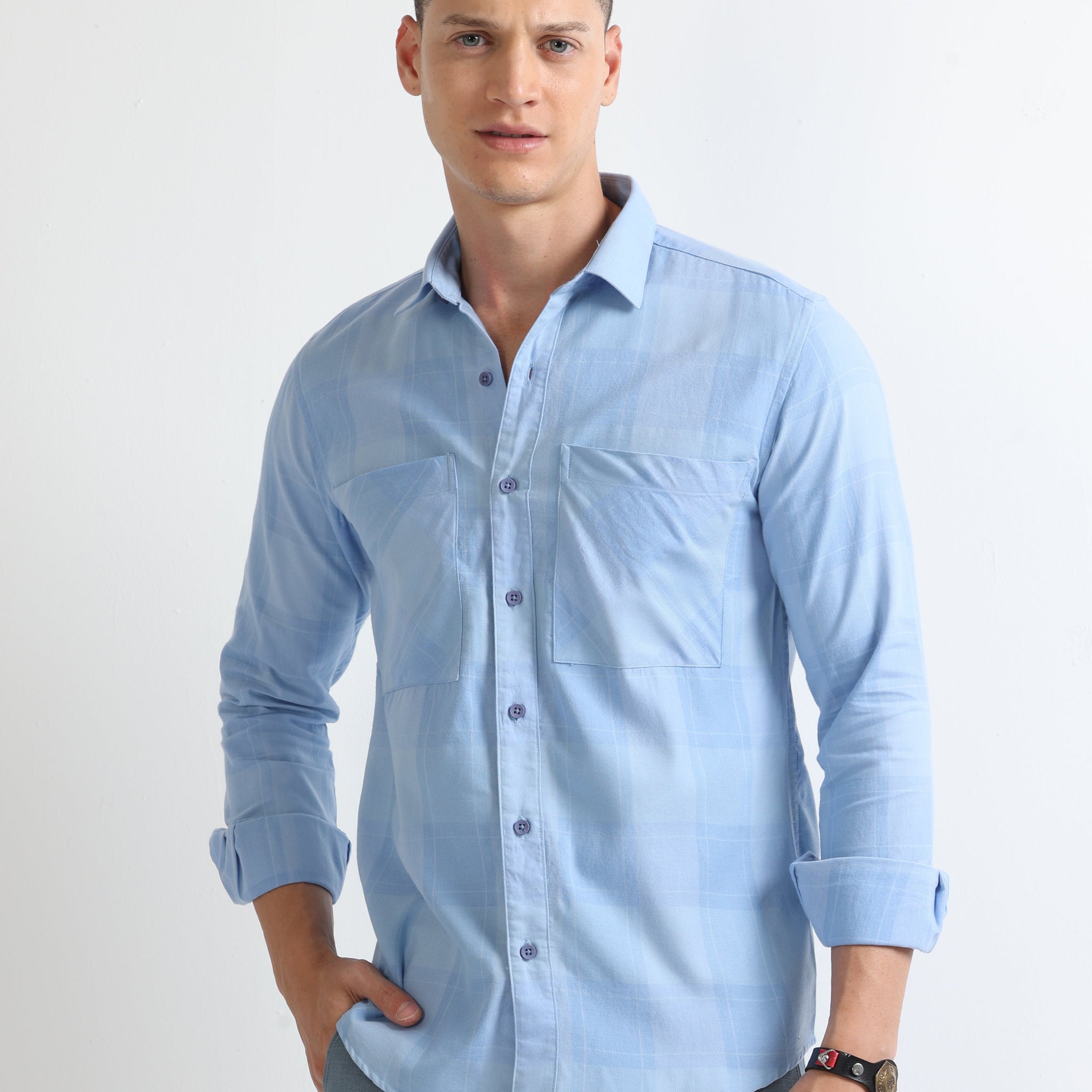 blue brushed twill bias double pocket checked shirt