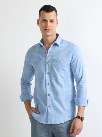 blue brushed twill bias double pocket checked shirt