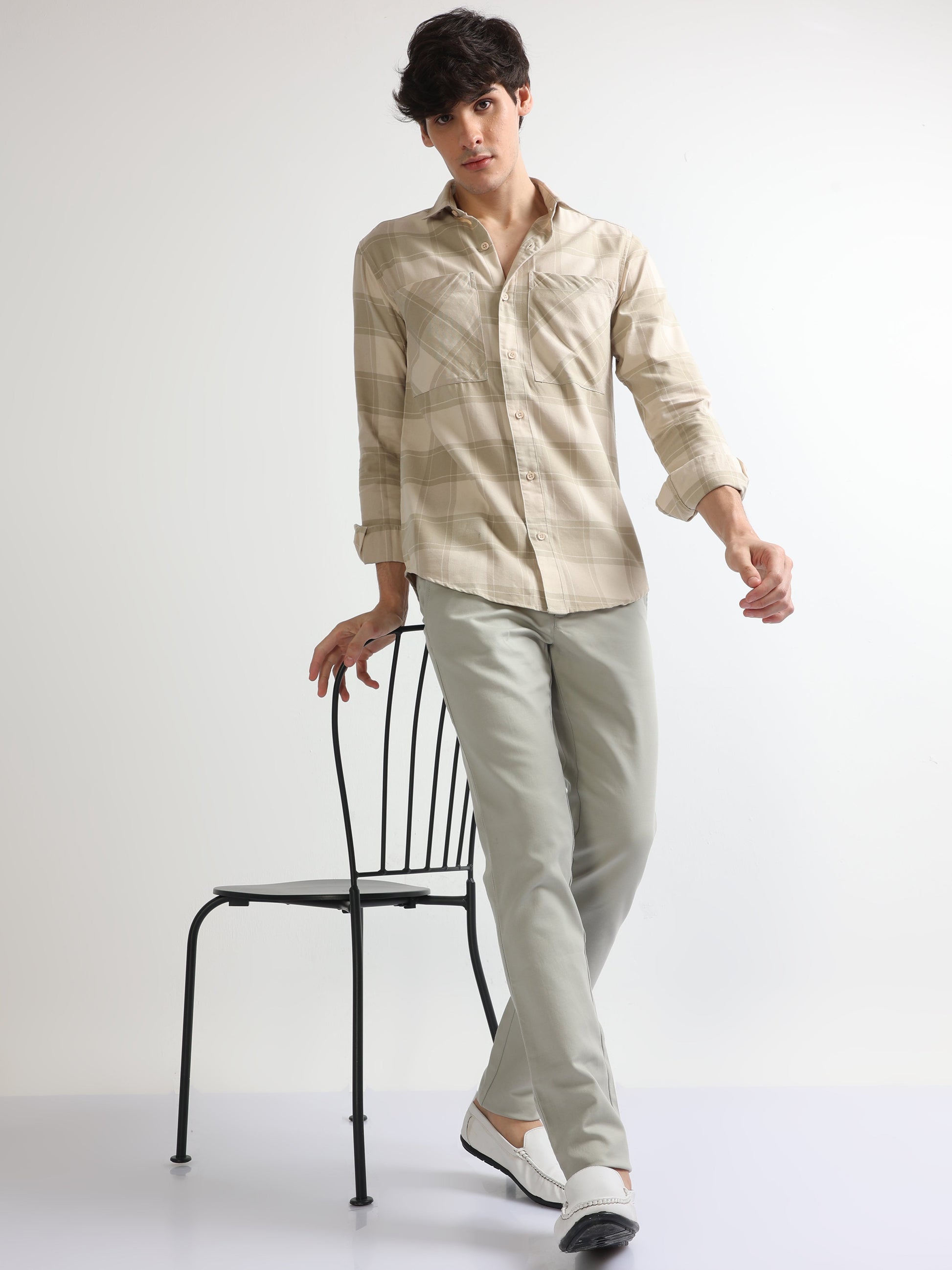 brushed twill beige bias double pocket checked shirt