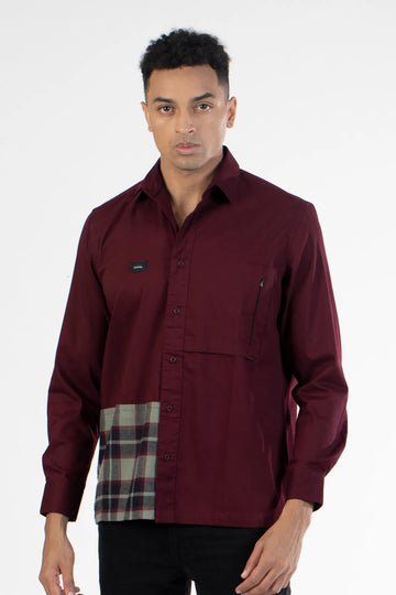 maroon brushed twill cargo pocket plain shirt