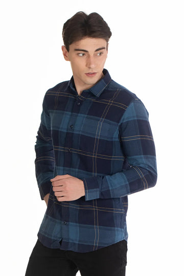 blue brushed twill flannel men's checked shirt