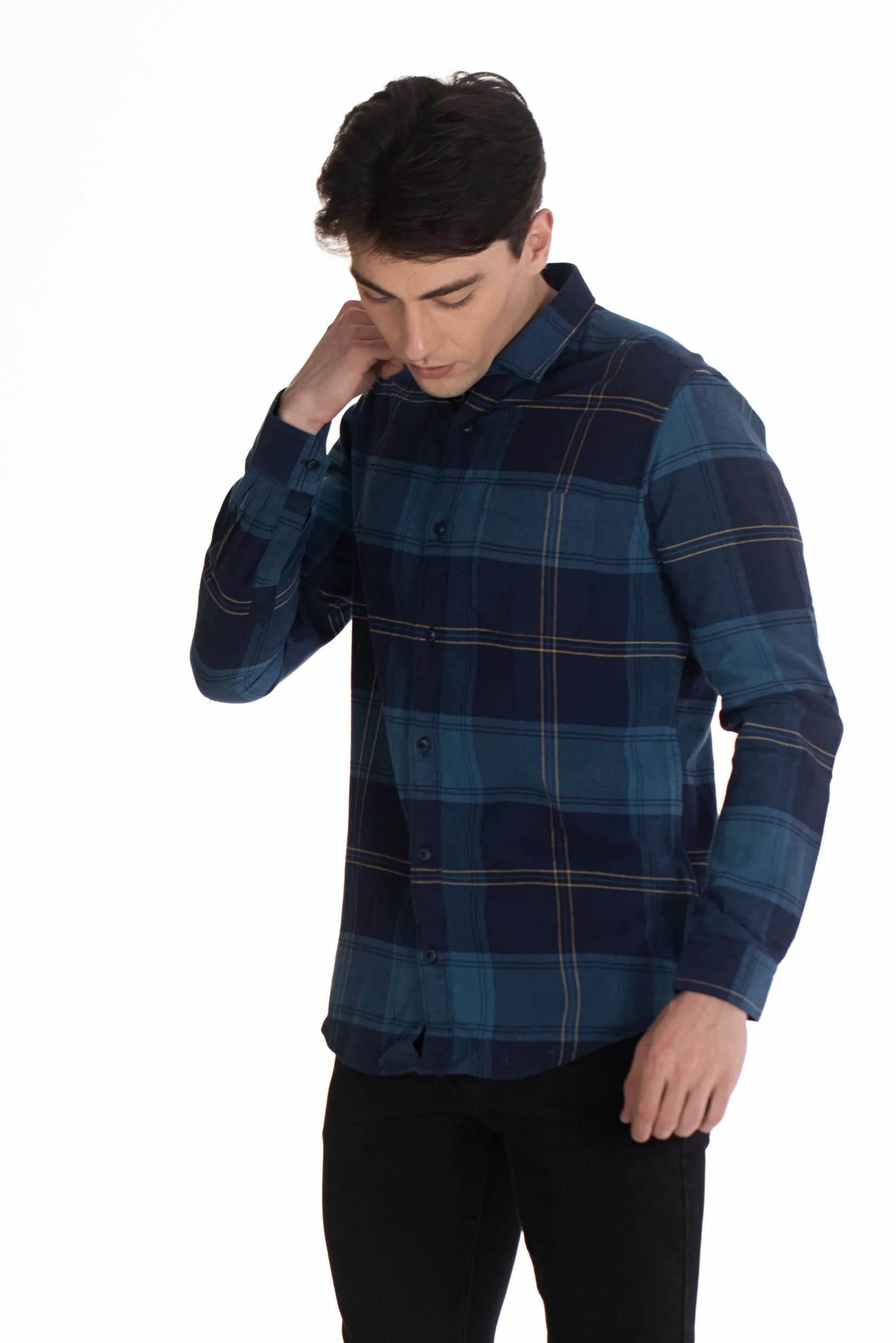 blue brushed twill flannel men's checked shirt