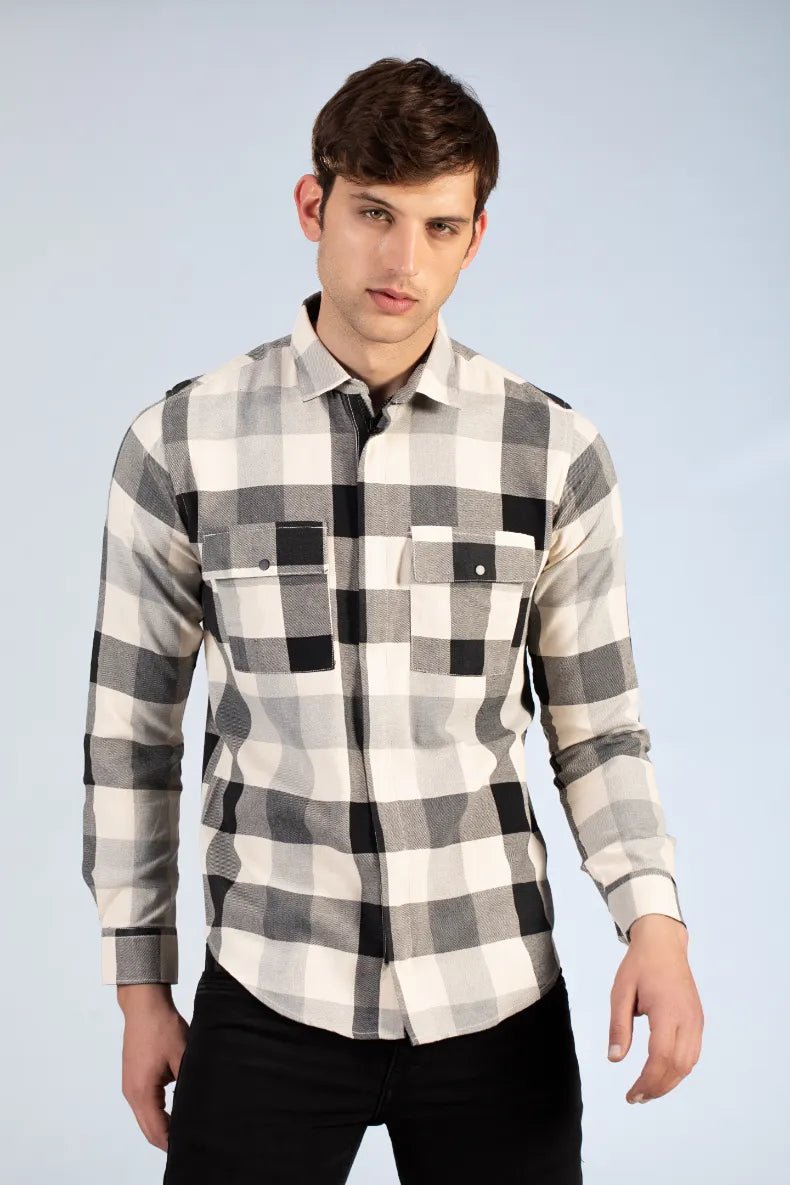 black brushed twill flannel check shirt