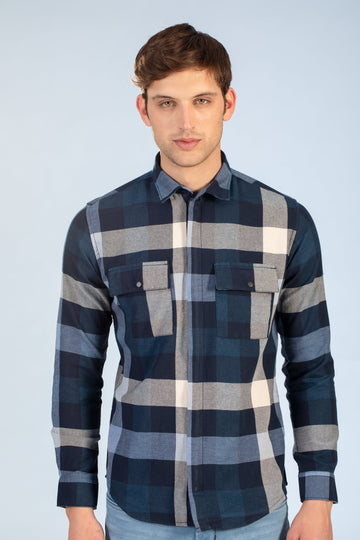 navy brushed twill flannel checked shirt