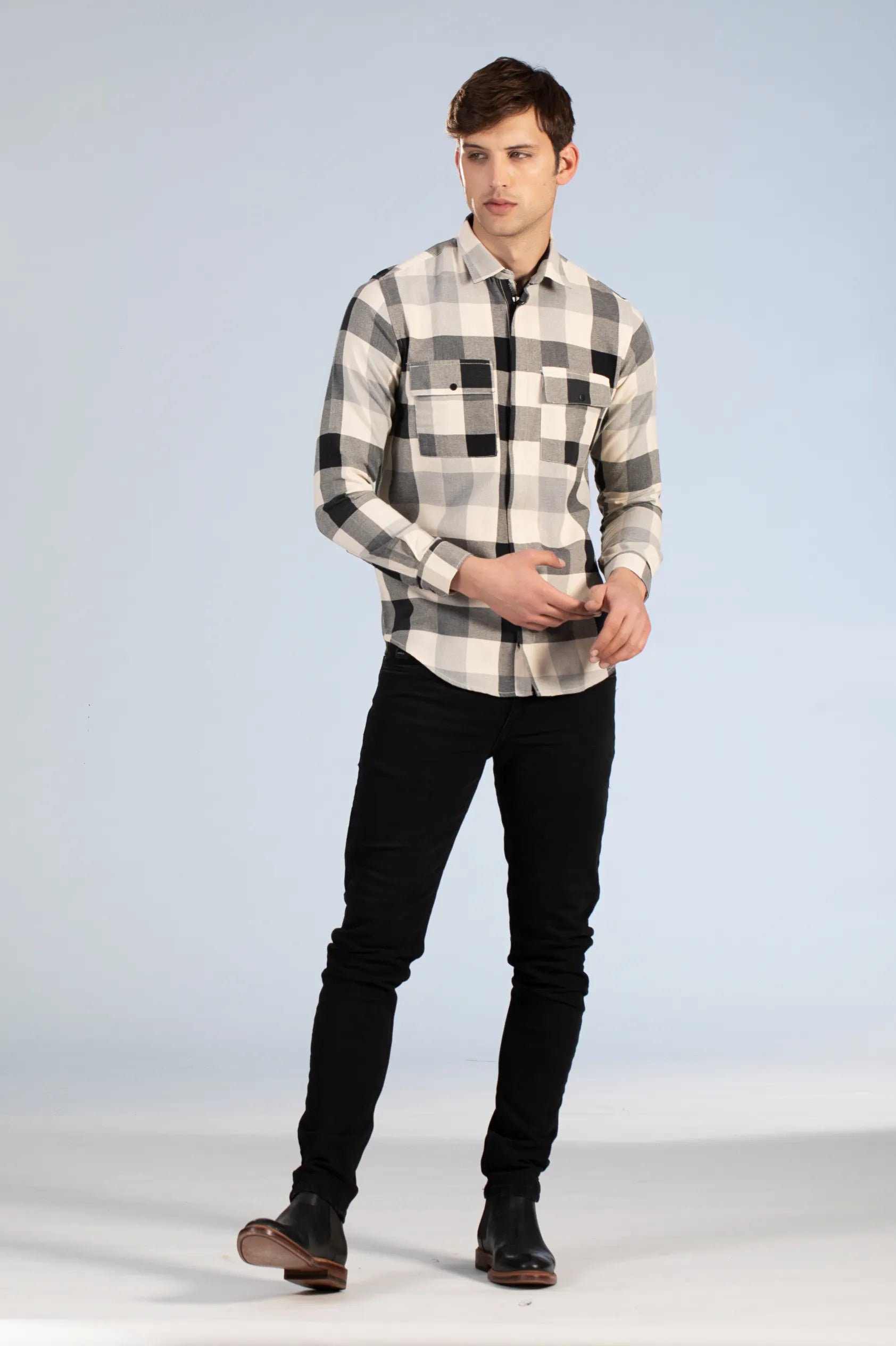 black brushed twill flannel check shirt