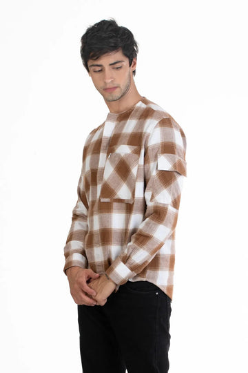 khaki brushed twill checked men shirt