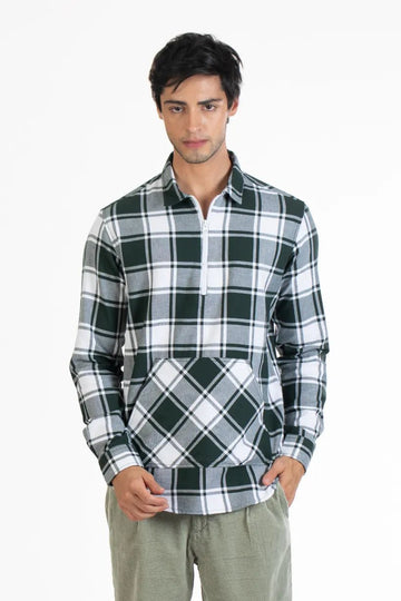 green brushed twill flannel men's checks shirt