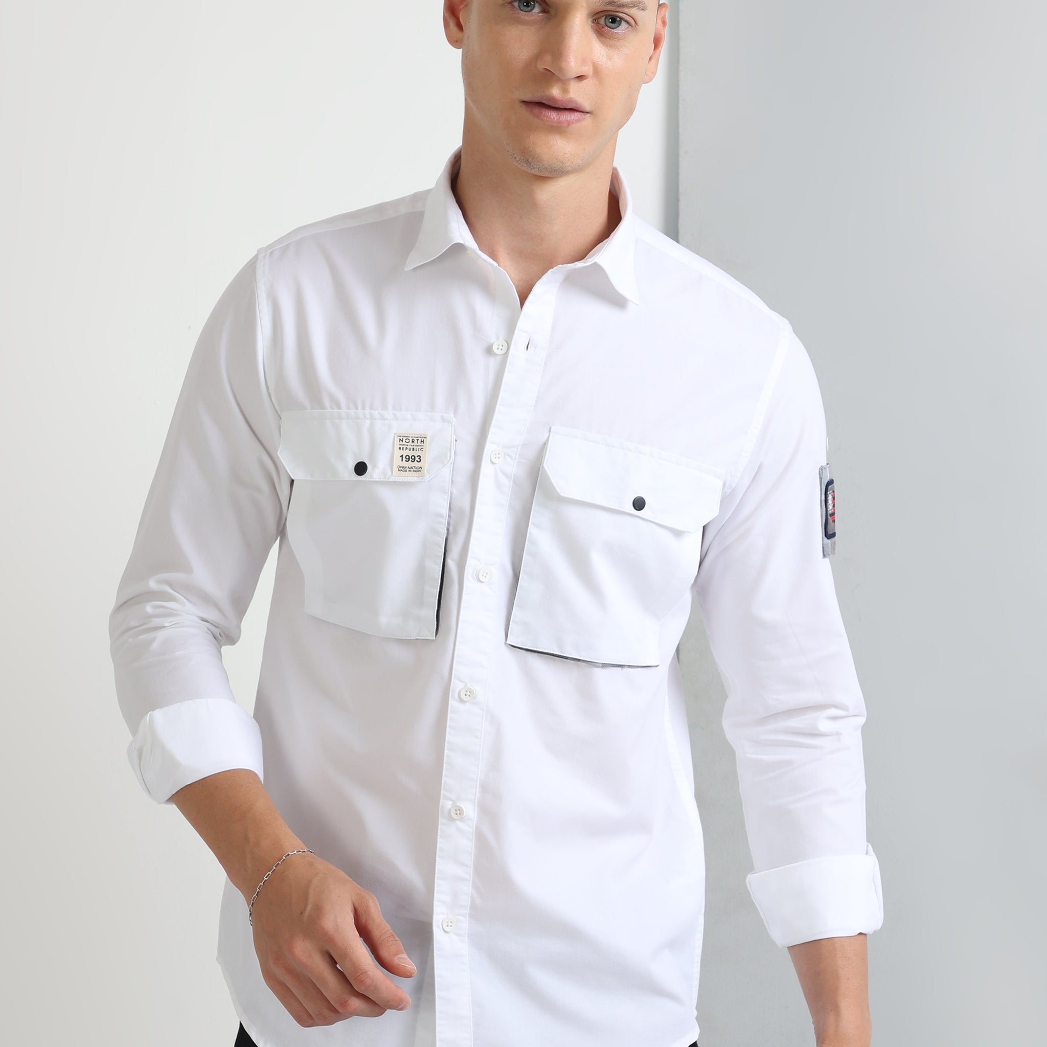 white cargo double pocket twill plain shirt