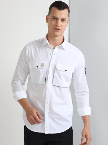 white cargo double pocket twill plain shirt
