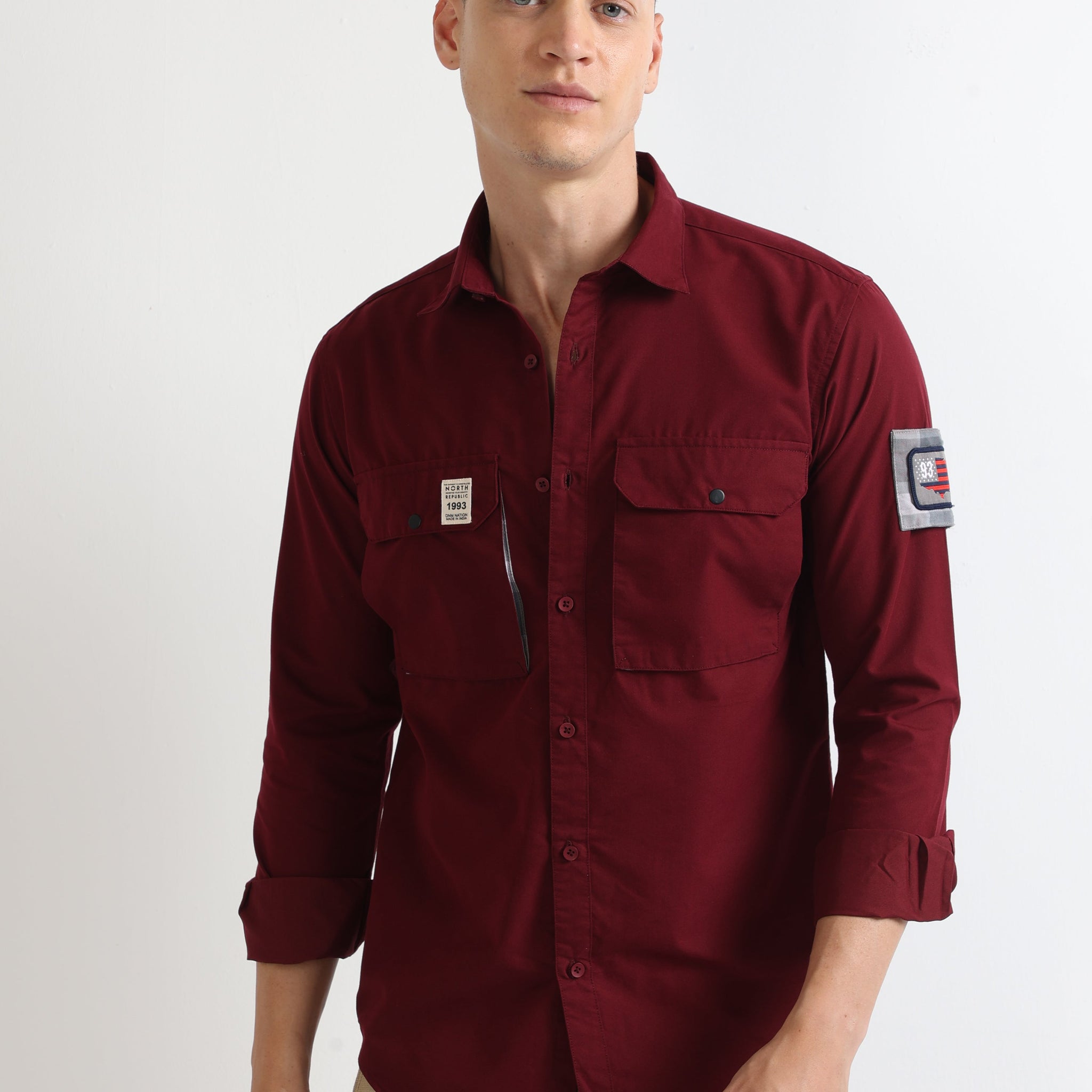 maroon cargo double pocket twill plain shirt