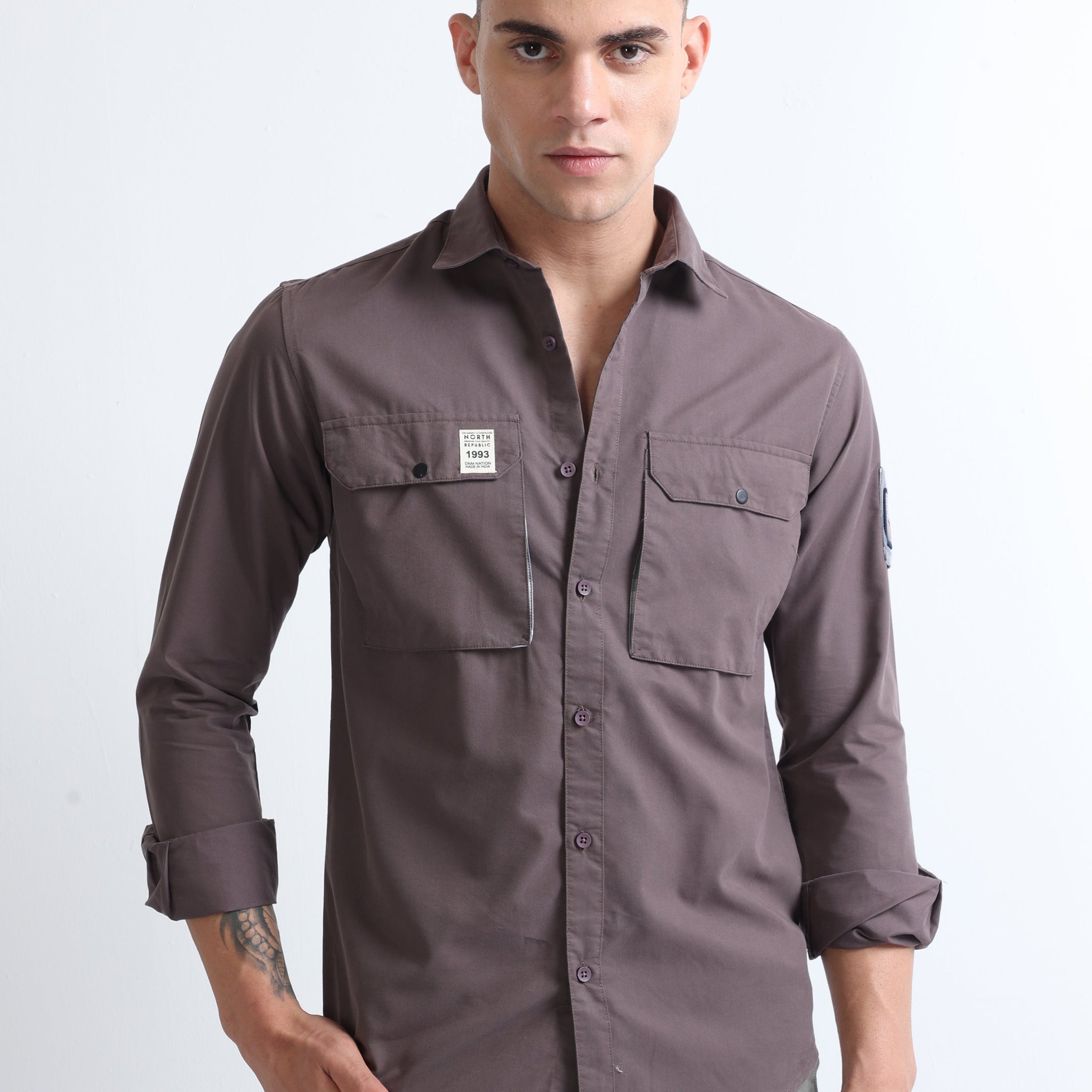 dark grey cargo double pocket twill plain shirt