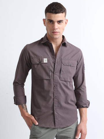 dark grey cargo double pocket twill plain shirt